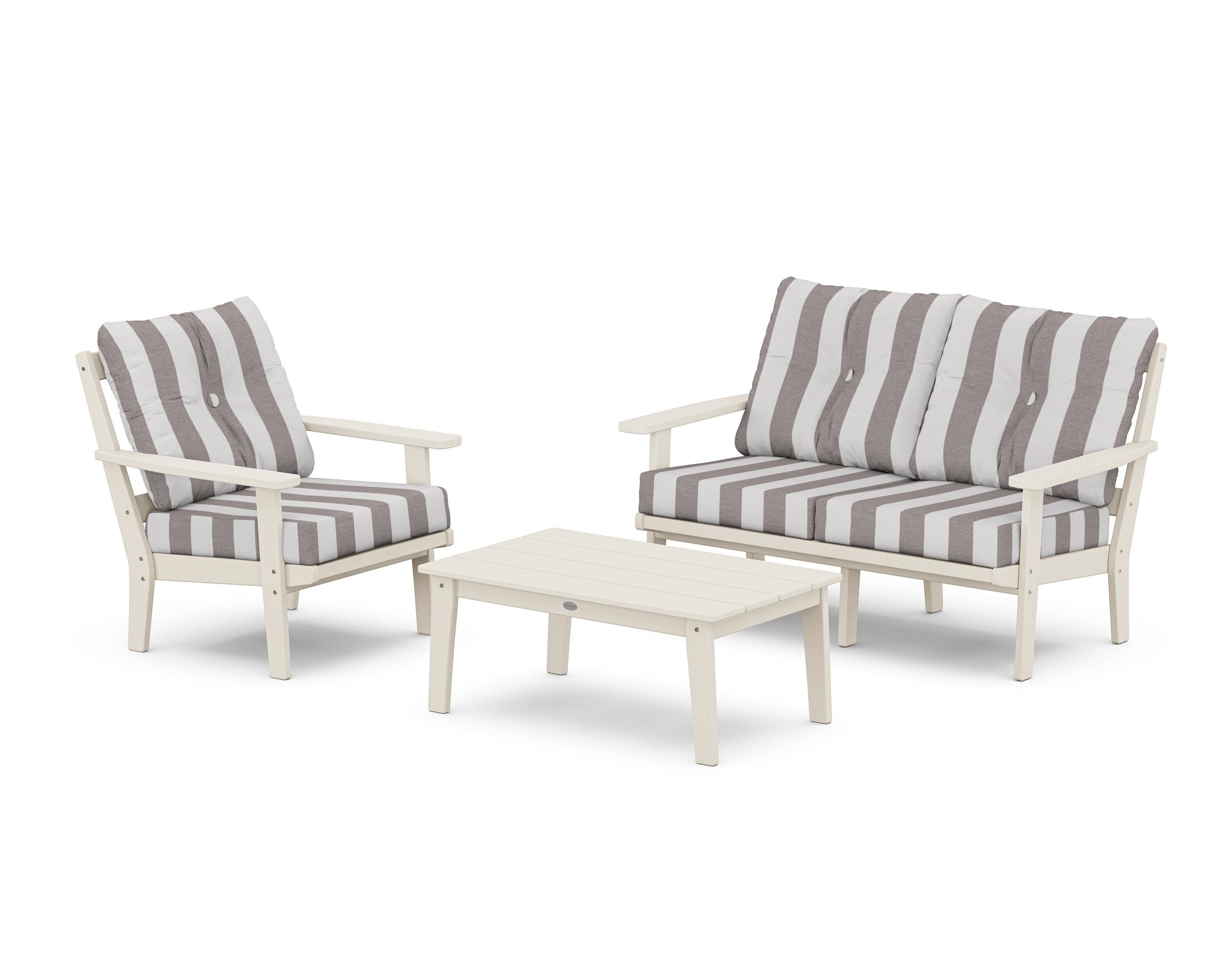 POLYWOOD® Oxford 3-Piece Deep Seating Set with Loveseat in Sand / Cabana Stripe Grey Mist