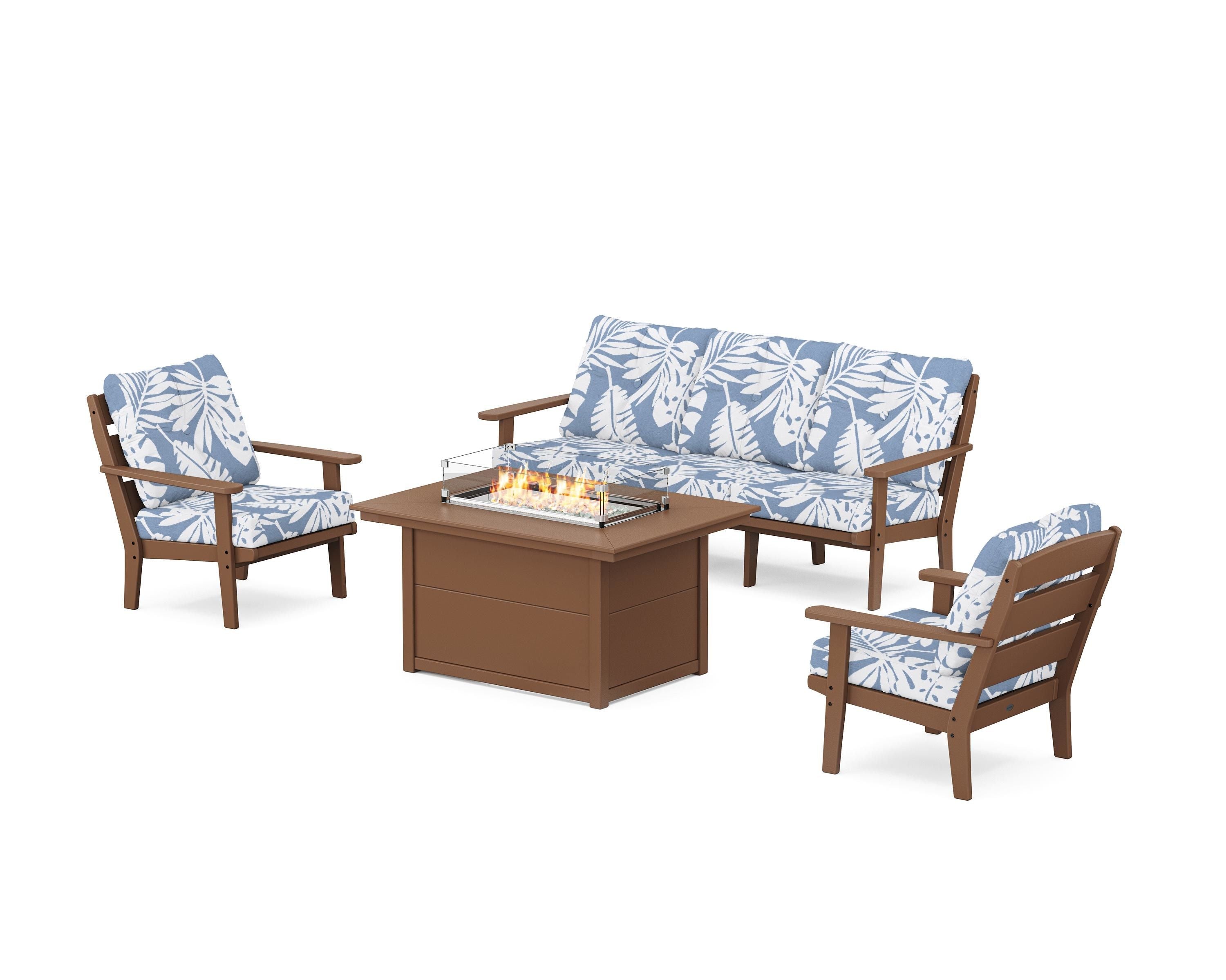 POLYWOOD® Lakeside Deep Seating Fire Pit Table Set in Teak / Leaf Sky Blue