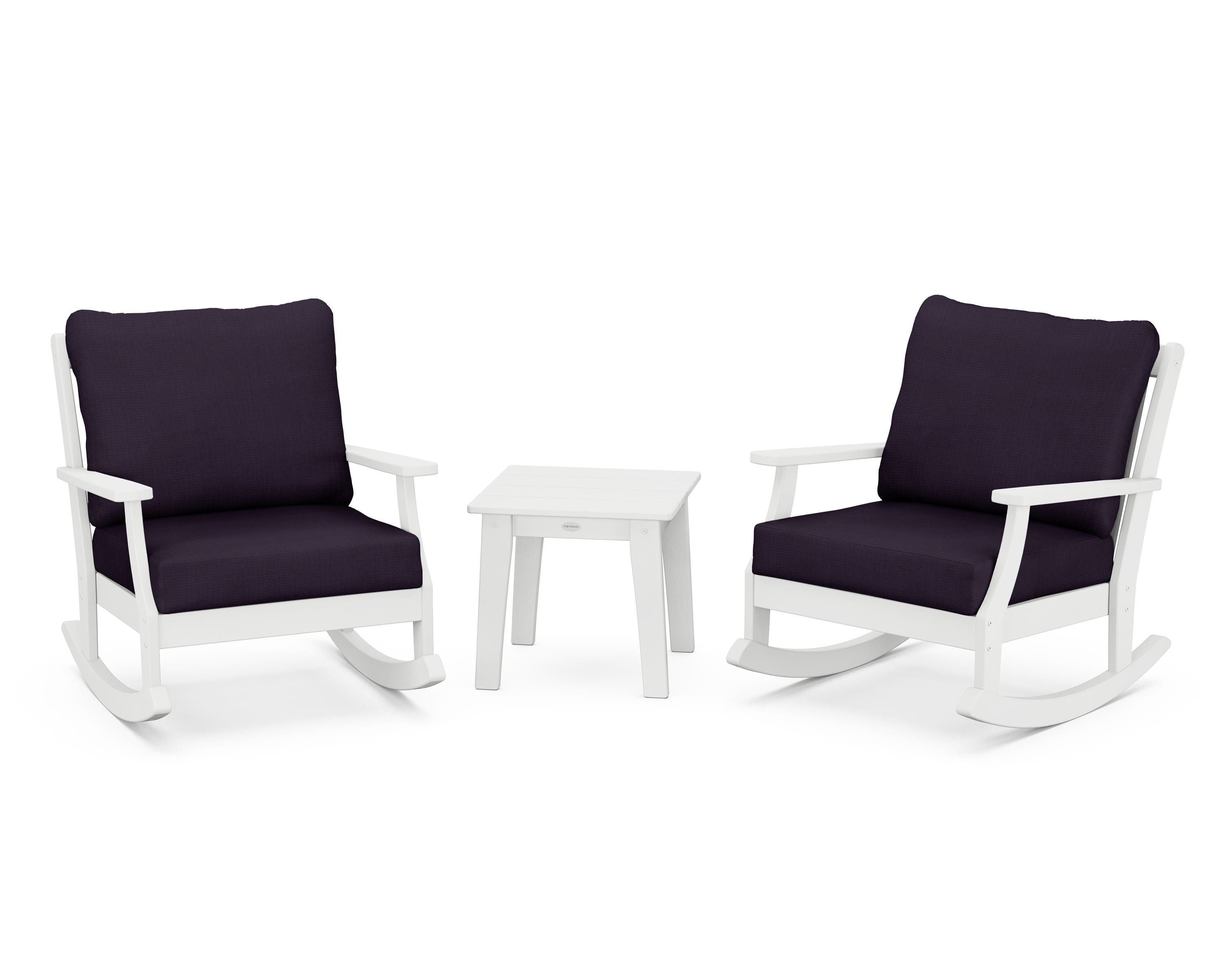 POLYWOOD® Braxton 3-Piece Deep Seating Rocker Set in White / Navy Linen