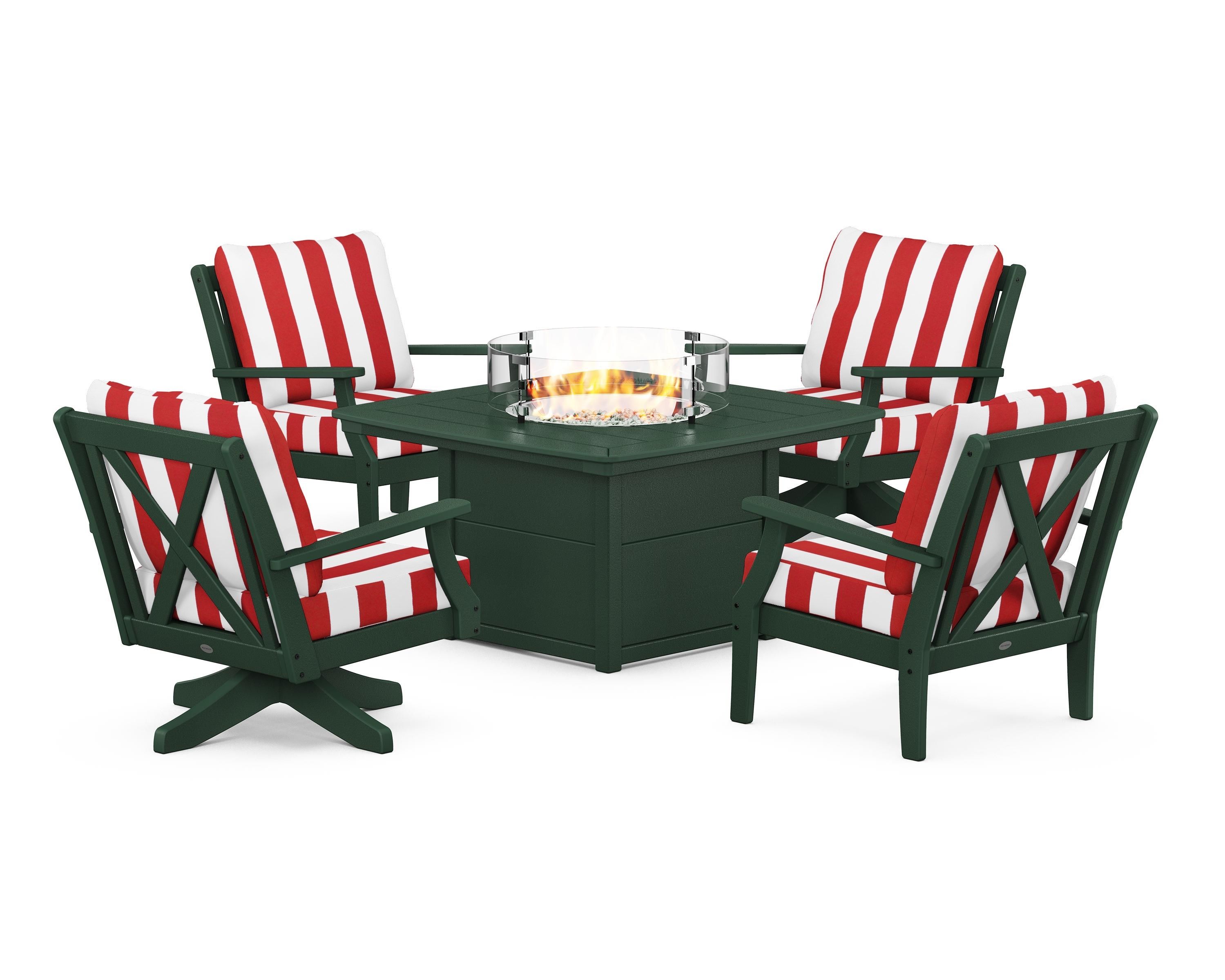 POLYWOOD® Braxton 5-Piece Deep Seating Set with Fire Table in Green / Cabana Stripe Crimson