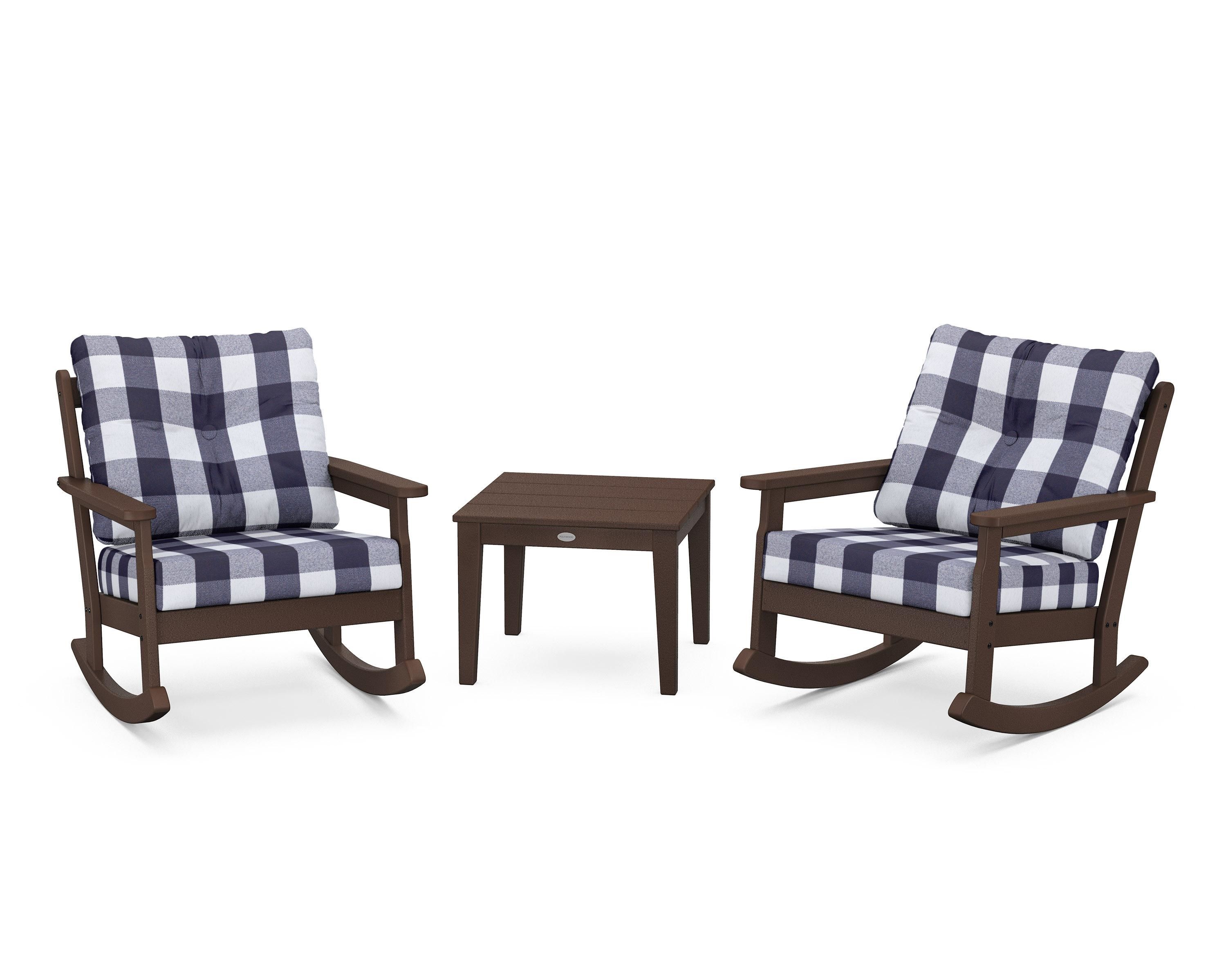 POLYWOOD® Vineyard 3-Piece Deep Seating Rocker Set in Mahogany / Buffalo Plaid Navy