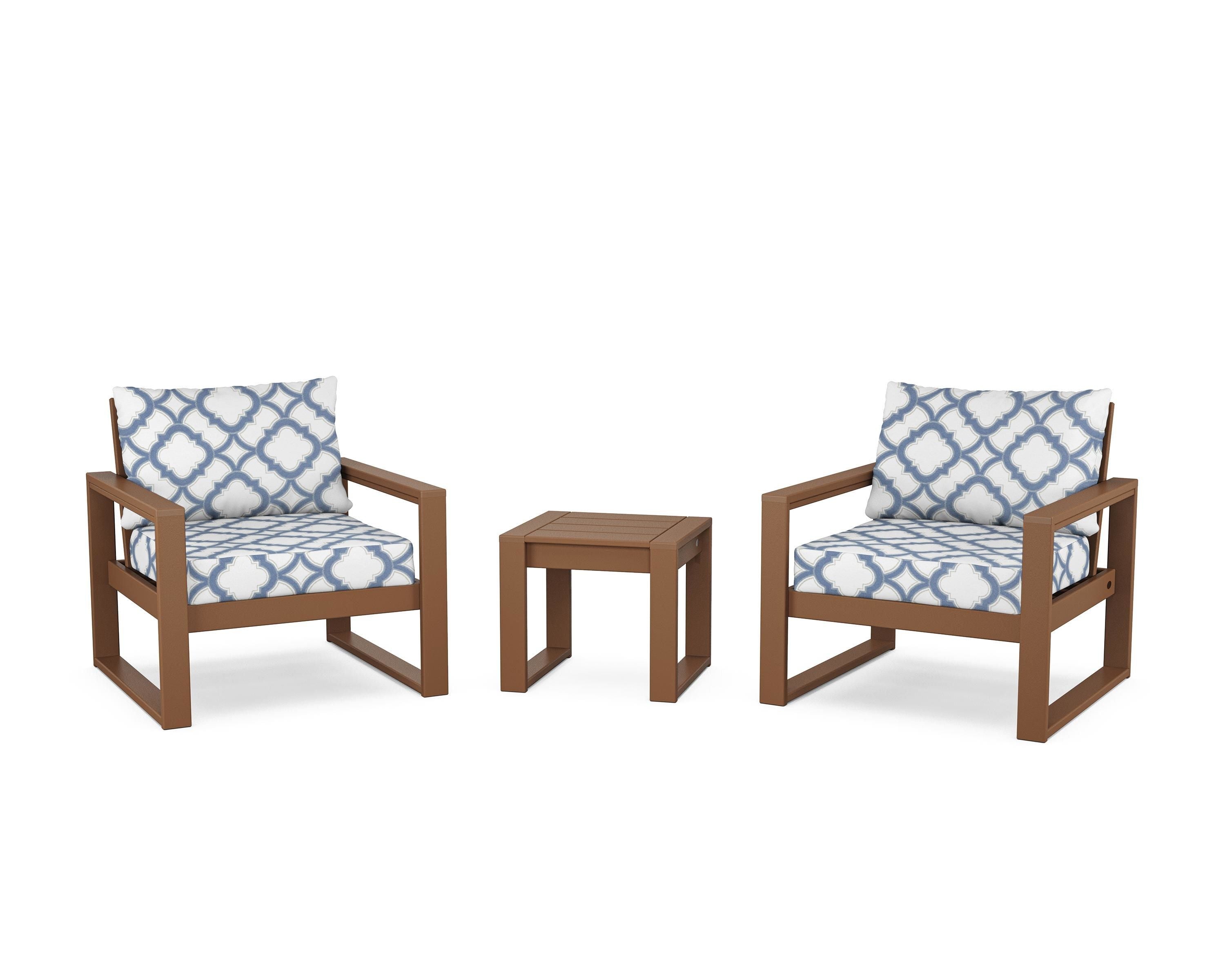 POLYWOOD® EDGE Sectional 3-Piece Deep Seating Set in Teak / Trellis Sky Blue