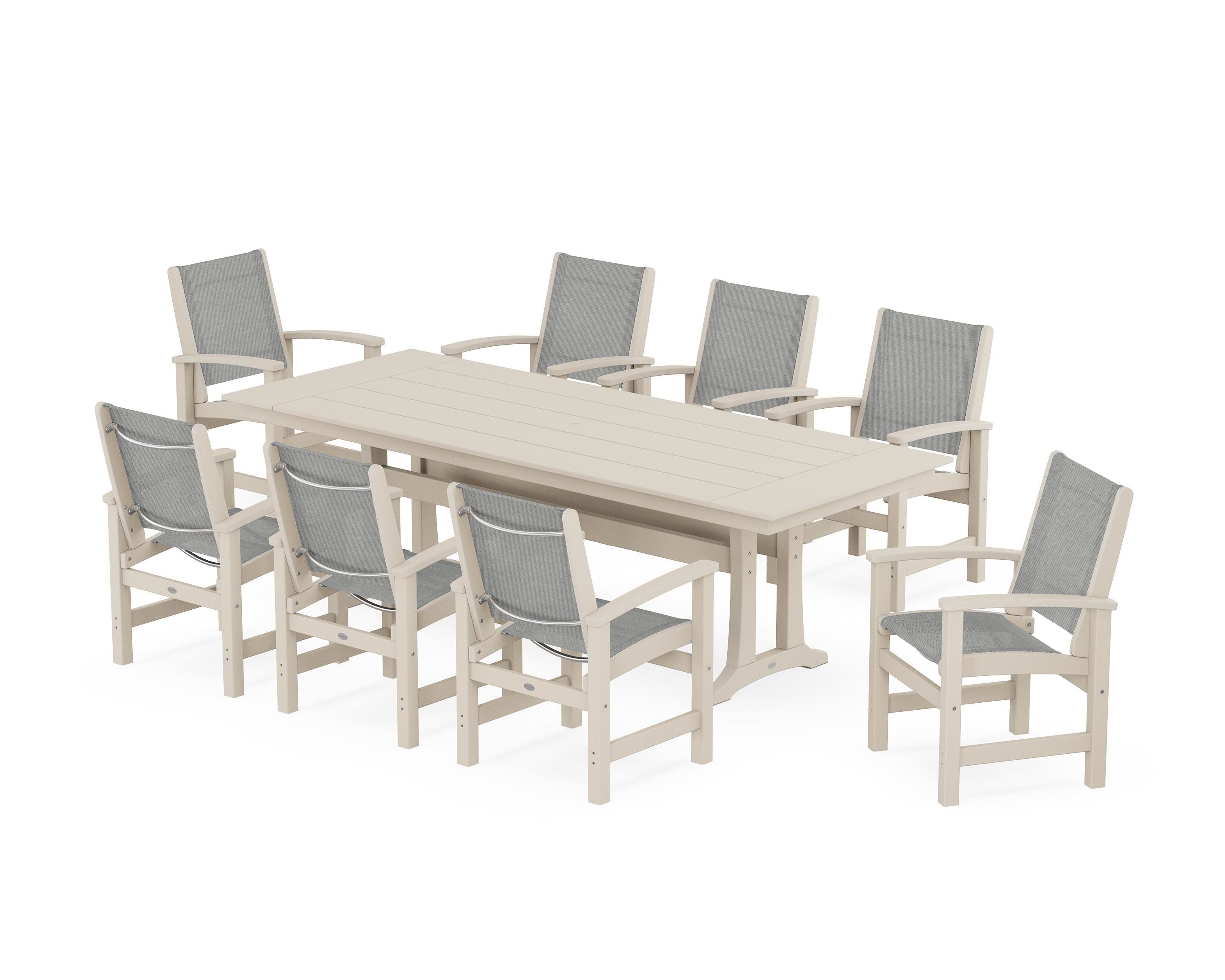 POLYWOOD® Coastal 9-Piece Farmhouse Dining Set with Trestle Legs in Sand / Metallic Sling