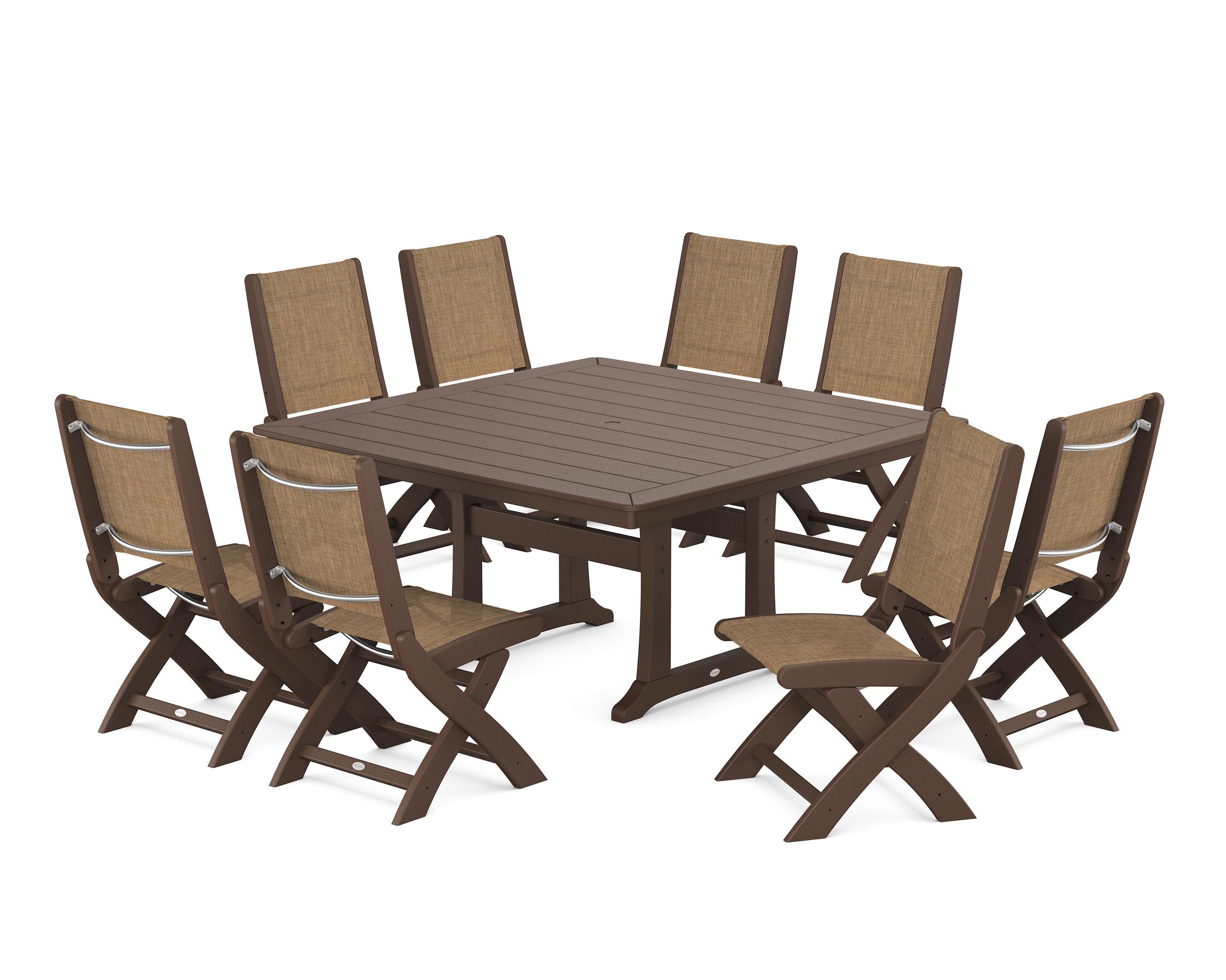 POLYWOOD® Coastal Folding Side Chair 9-Piece Dining Set with Trestle Legs in Mahogany / Burlap Sling