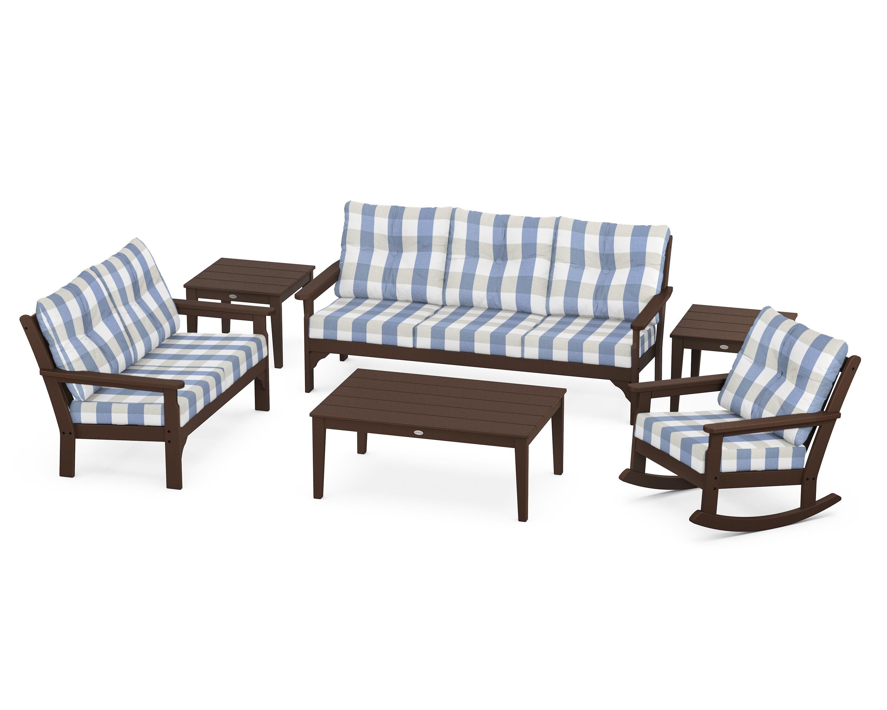 POLYWOOD® Vineyard 6-Piece Deep Seating Set in Mahogany / Buffalo Plaid Sky Blue