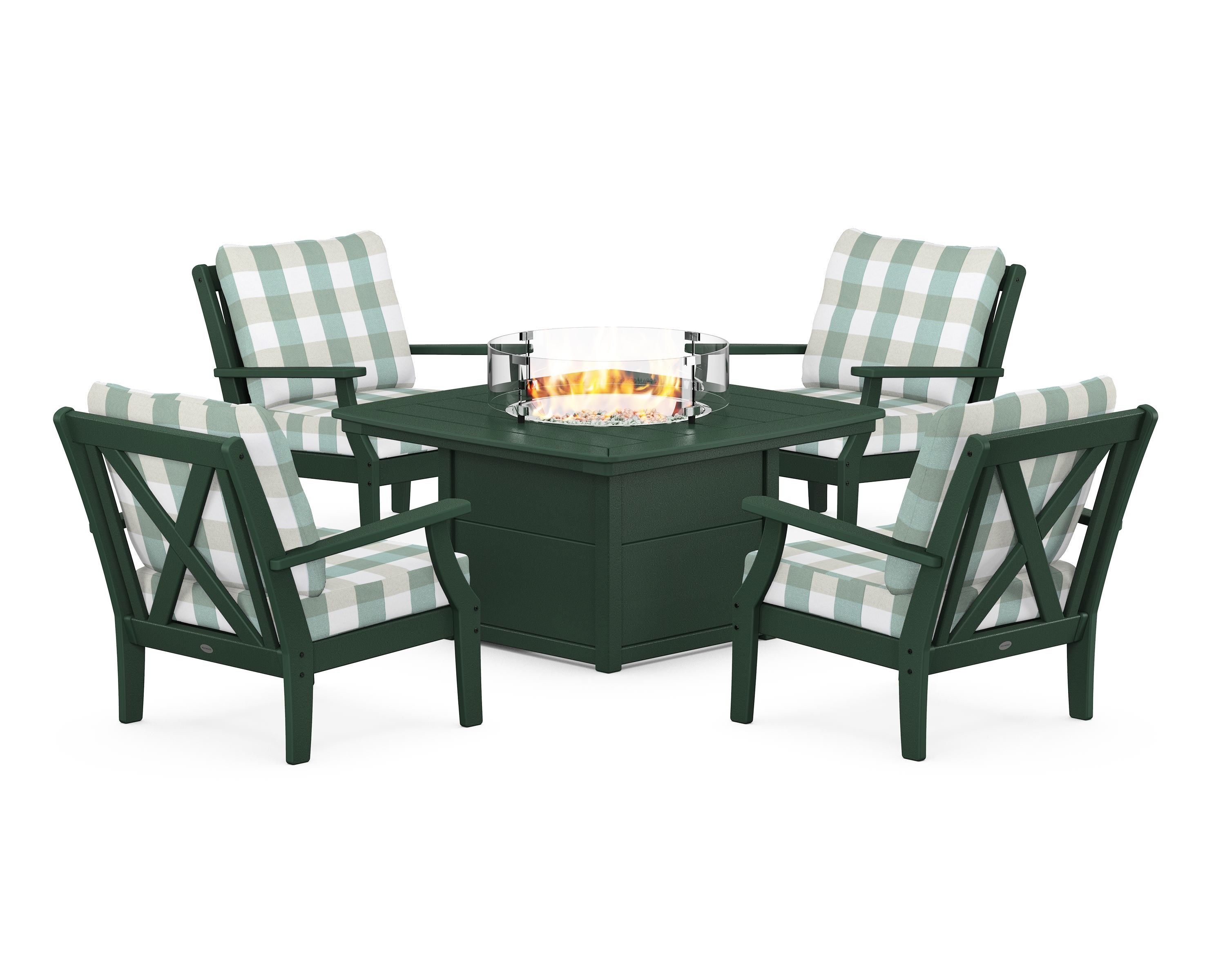 POLYWOOD® Braxton 5-Piece Deep Seating Conversation Set with Fire Pit Table in Green / Buffalo Plaid Glacier Spa