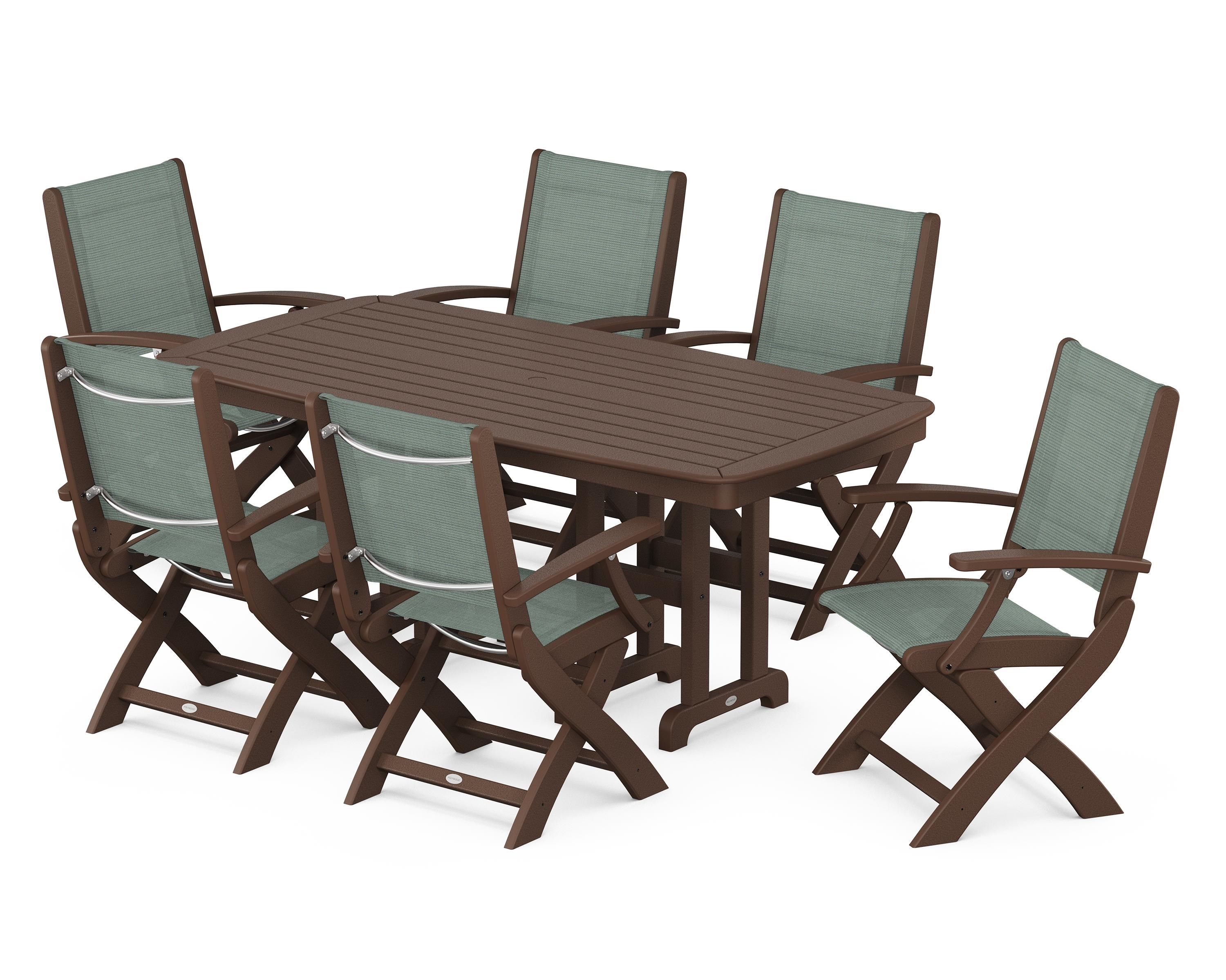 POLYWOOD® Coastal Folding Arm Chair 7-Piece Dining Set in Mahogany / Dupioni Sea Mist Sling