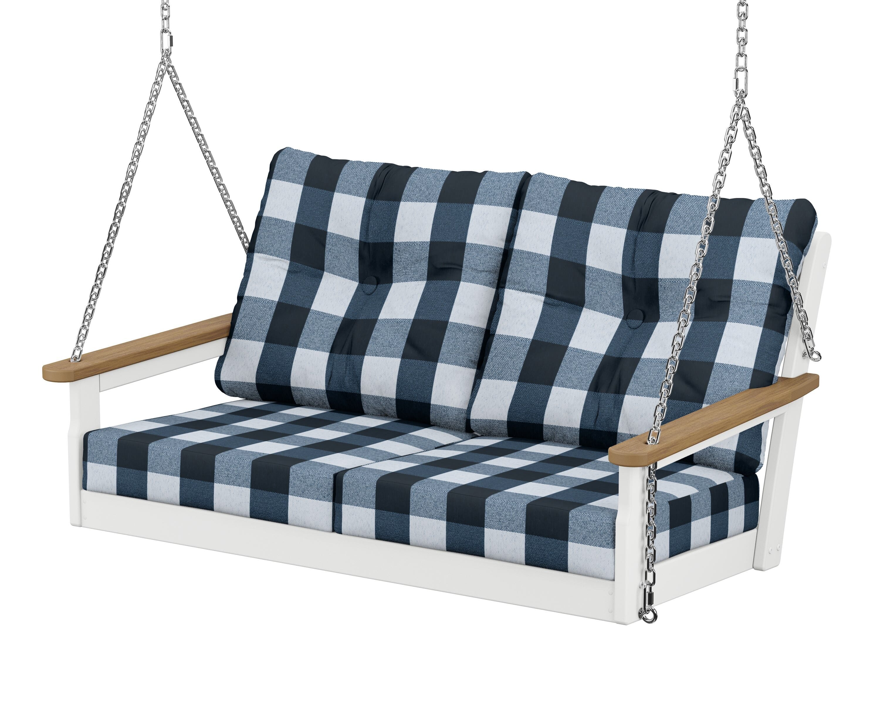 POLYWOOD® Vineyard Deep Seating Swing in White / Natural / Buffalo Plaid Marine Indigo