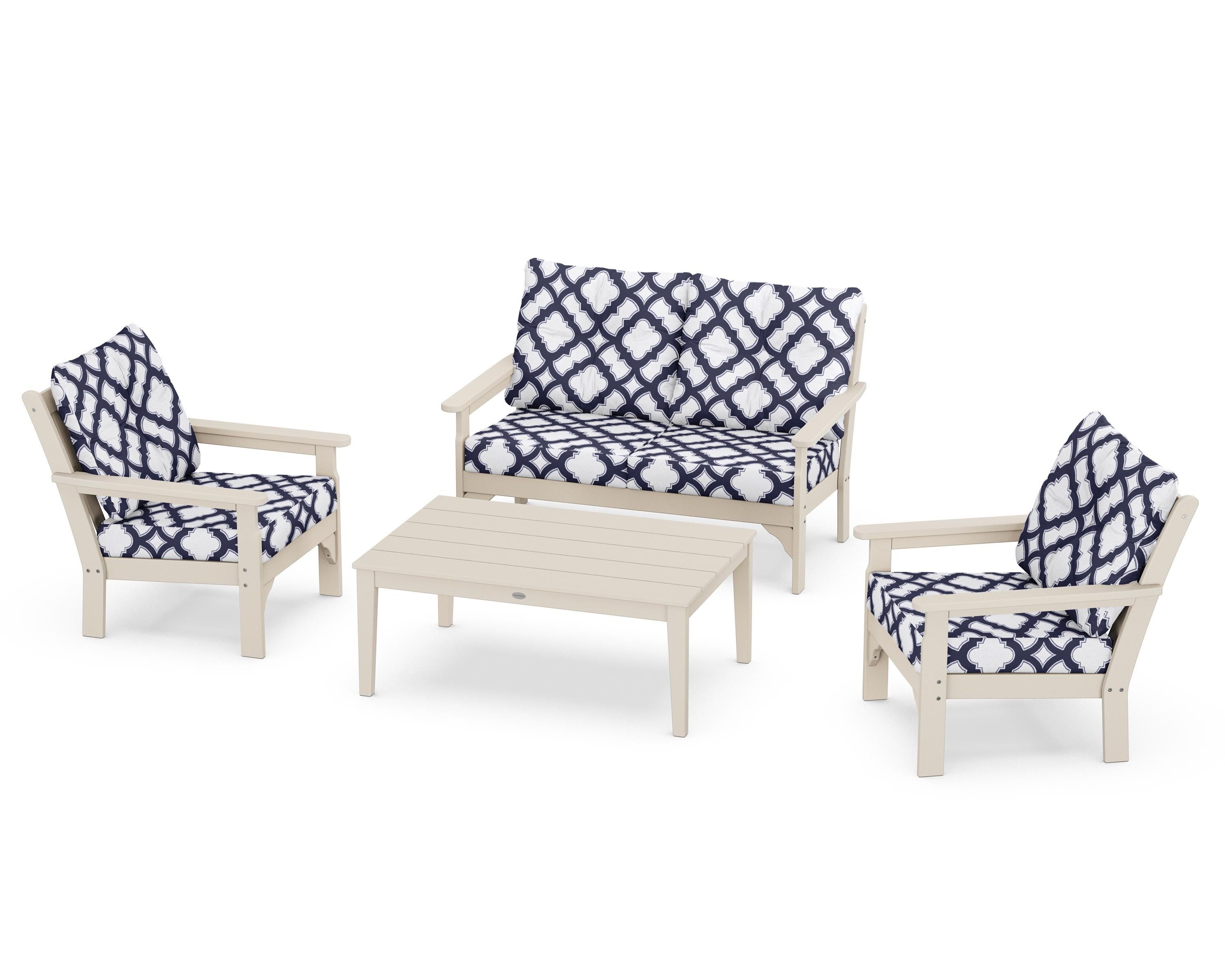 POLYWOOD® Vineyard 4-Piece Deep Seating Set in Sand / Trellis Navy