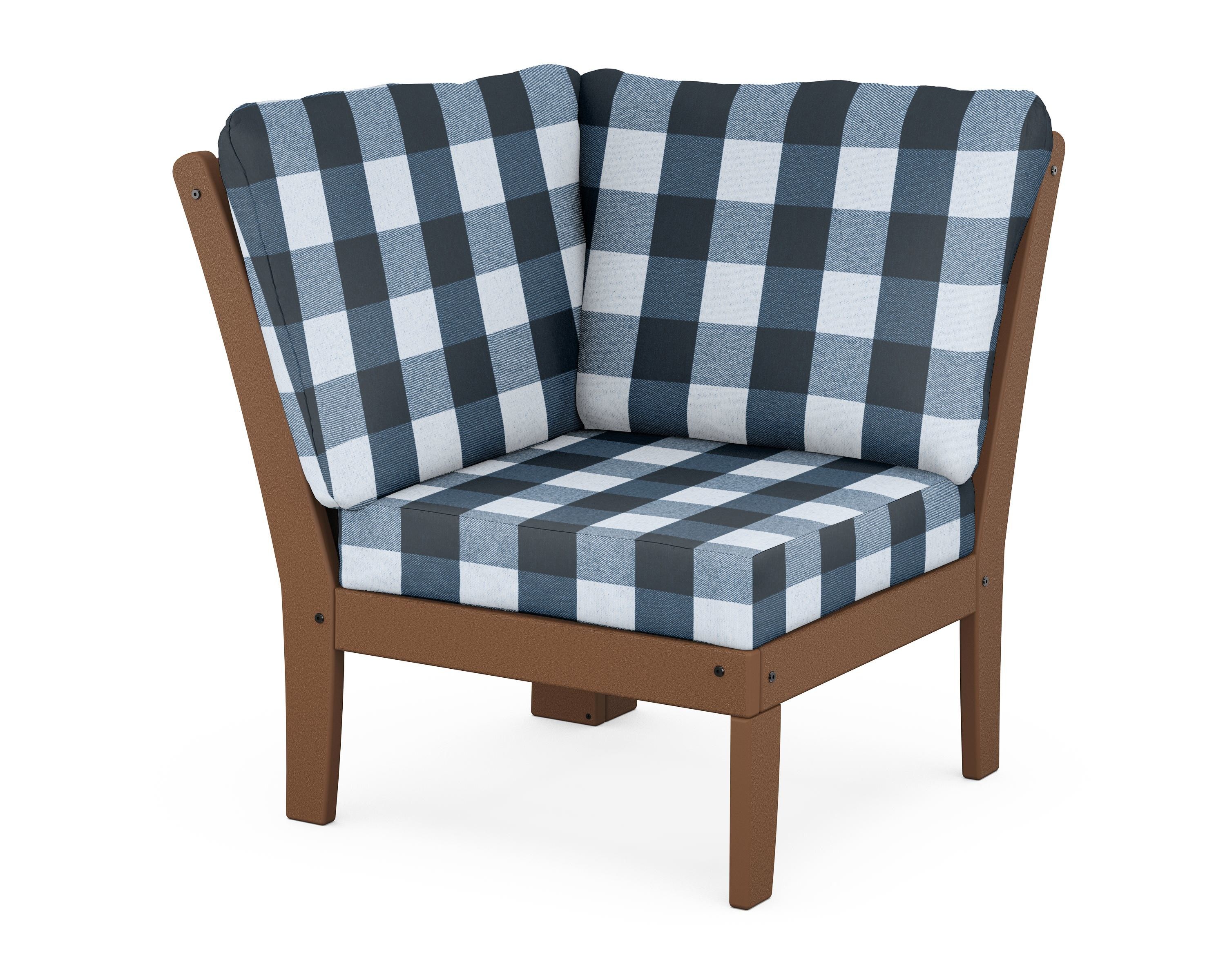 POLYWOOD® Braxton Modular Corner Chair in Teak / Buffalo Plaid Marine Indigo