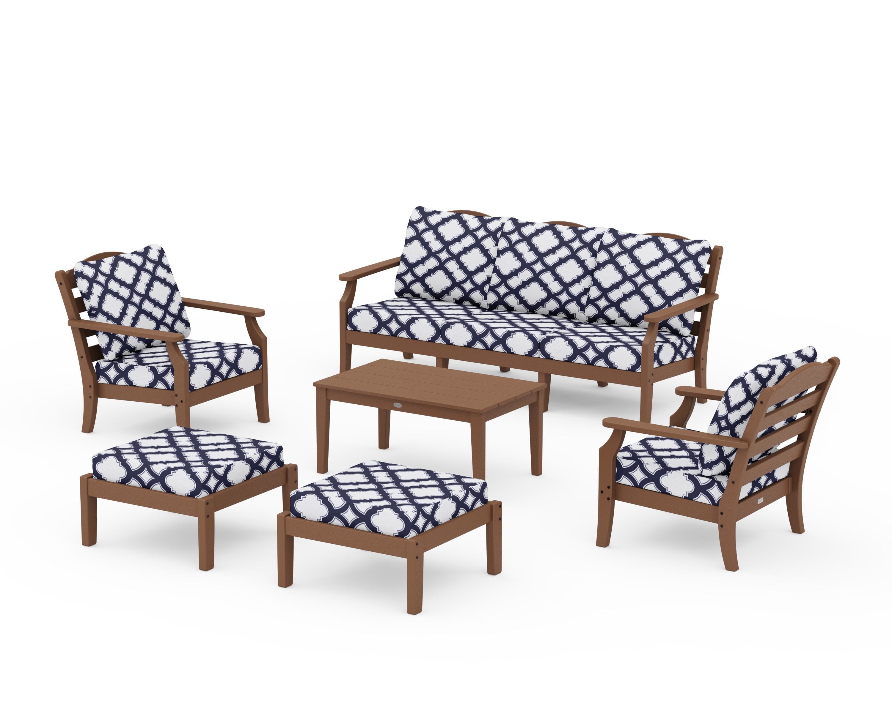 Draper James™ by POLYWOOD® Savannah 6-Piece Lounge Sofa Set in Teak / Trellis Navy
