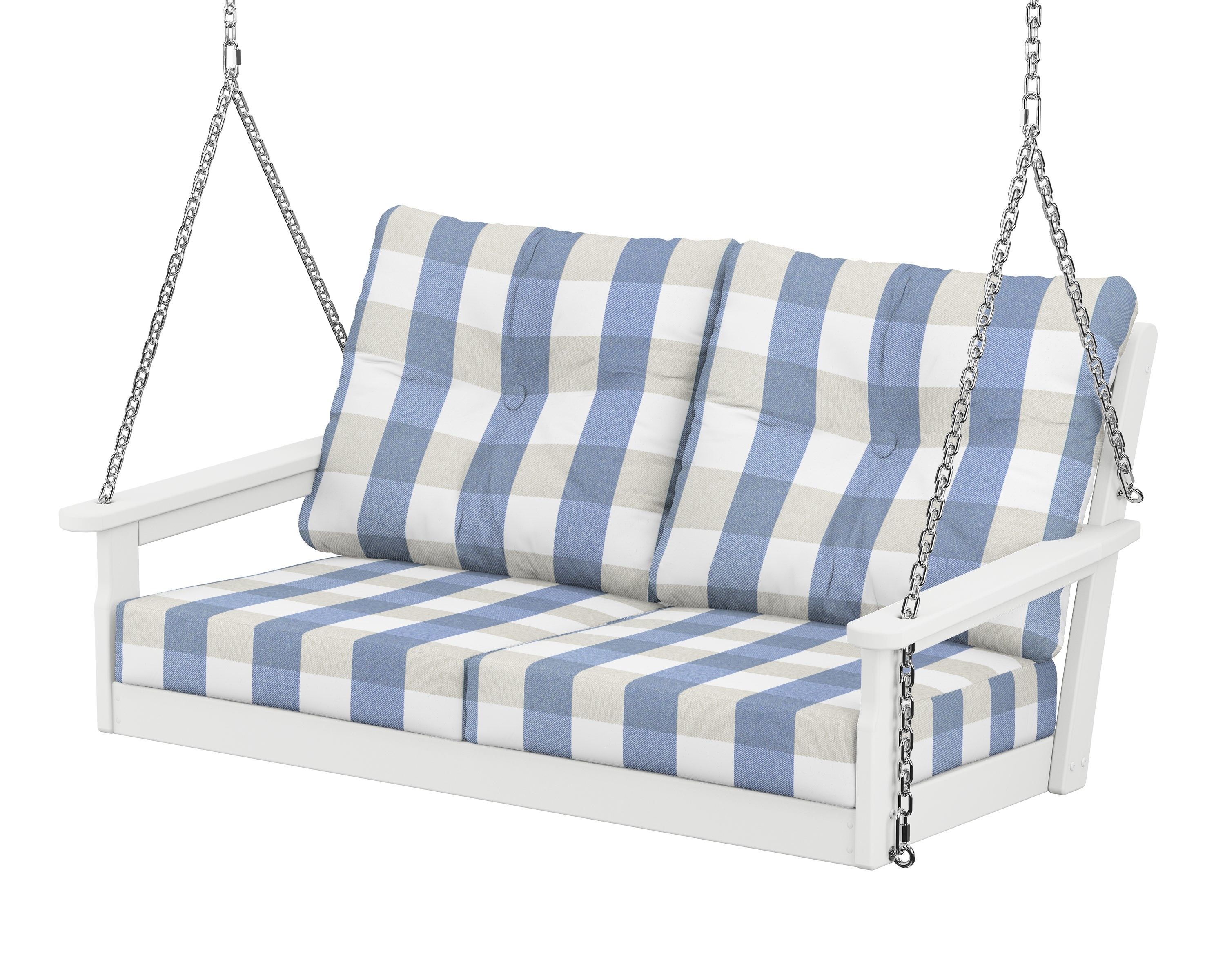 POLYWOOD® Vineyard Deep Seating Swing in White / Buffalo Plaid Sky Blue