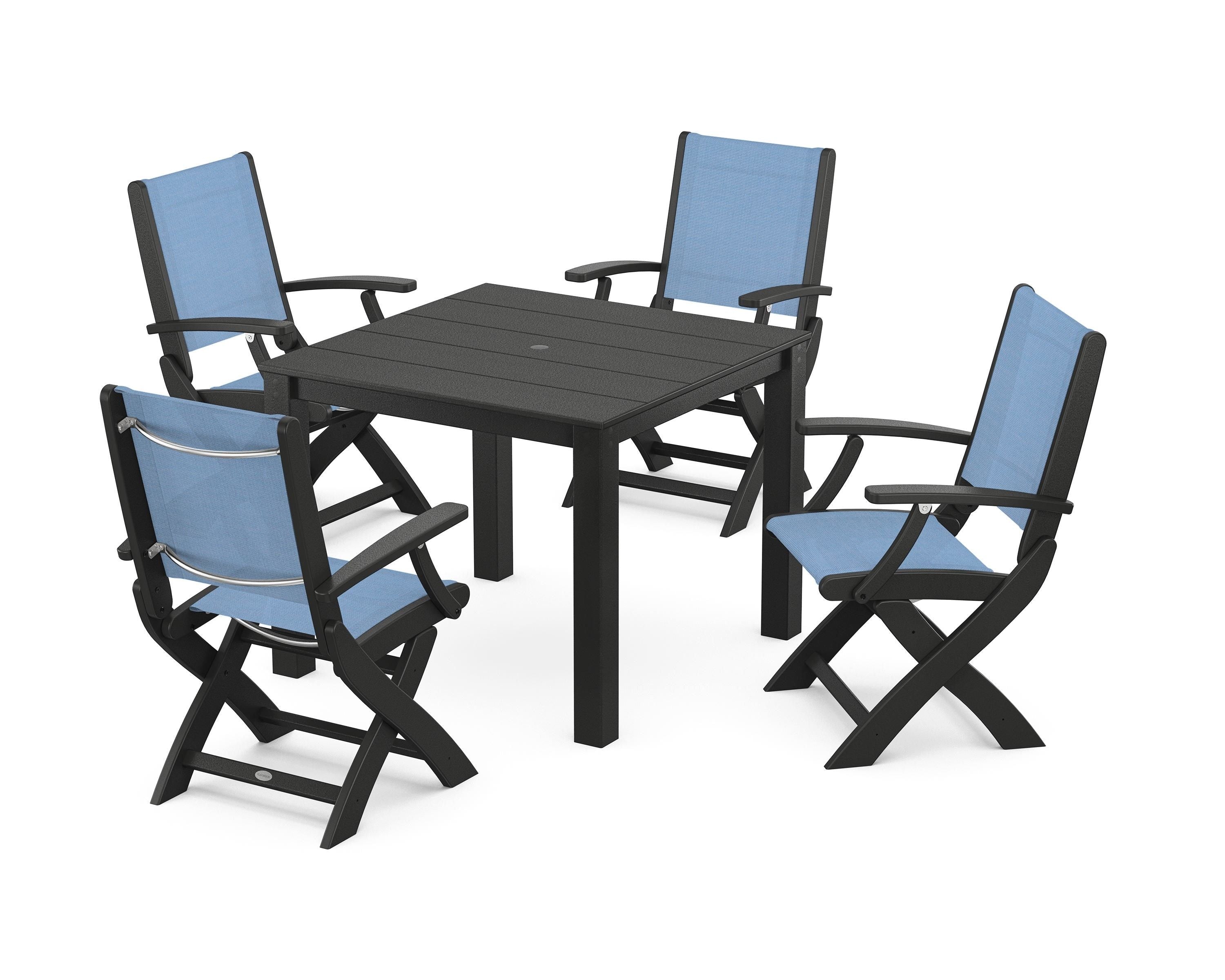 POLYWOOD® Coastal Folding Chair 5-Piece Parsons Dining Set in Black / Poolside Sling