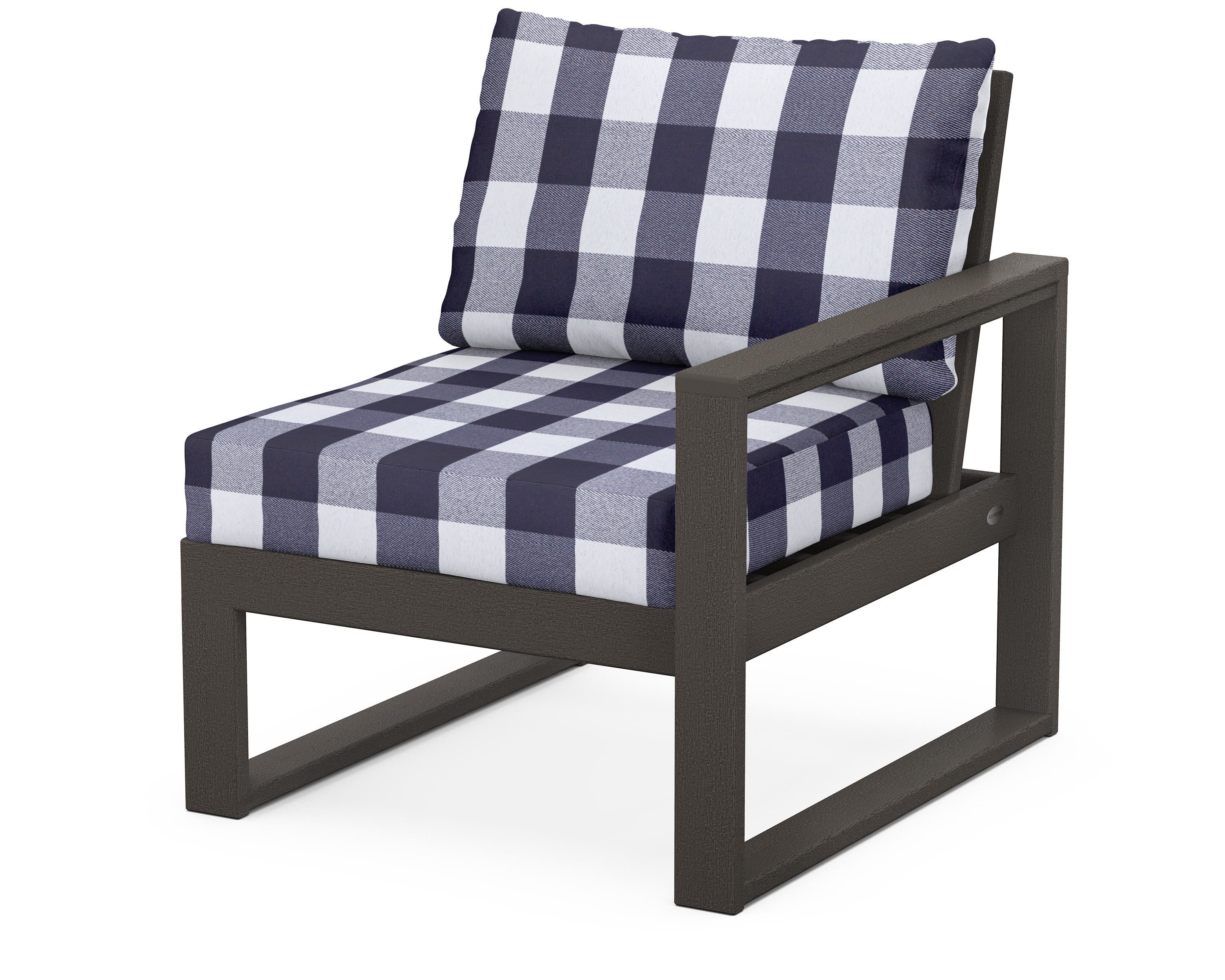 POLYWOOD® EDGE Modular Right Arm Chair in Vintage Coffee / Buffalo Plaid Navy