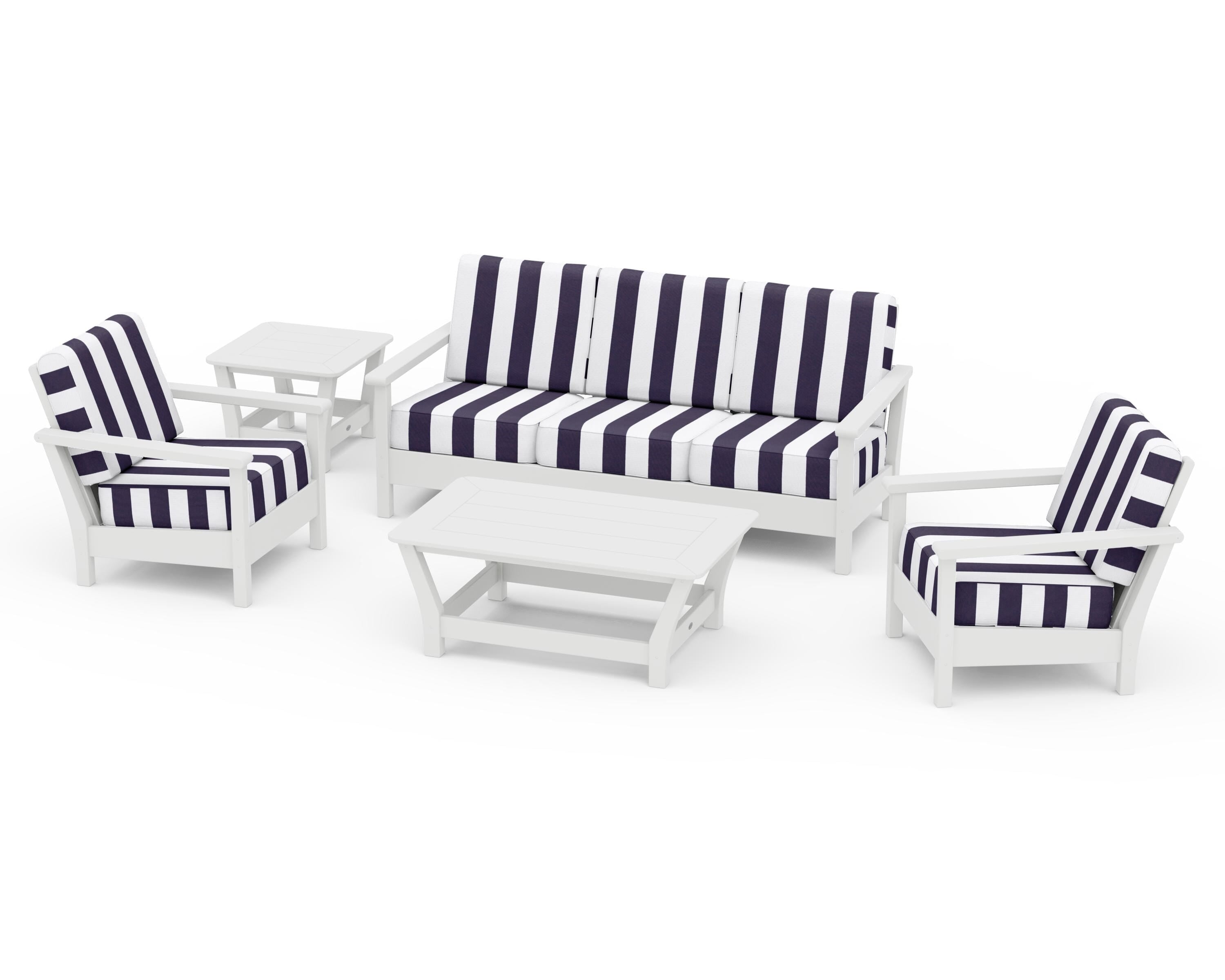 POLYWOOD® Harbour 5-Piece Deep Seating Set in White / Cabana Stripe Navy