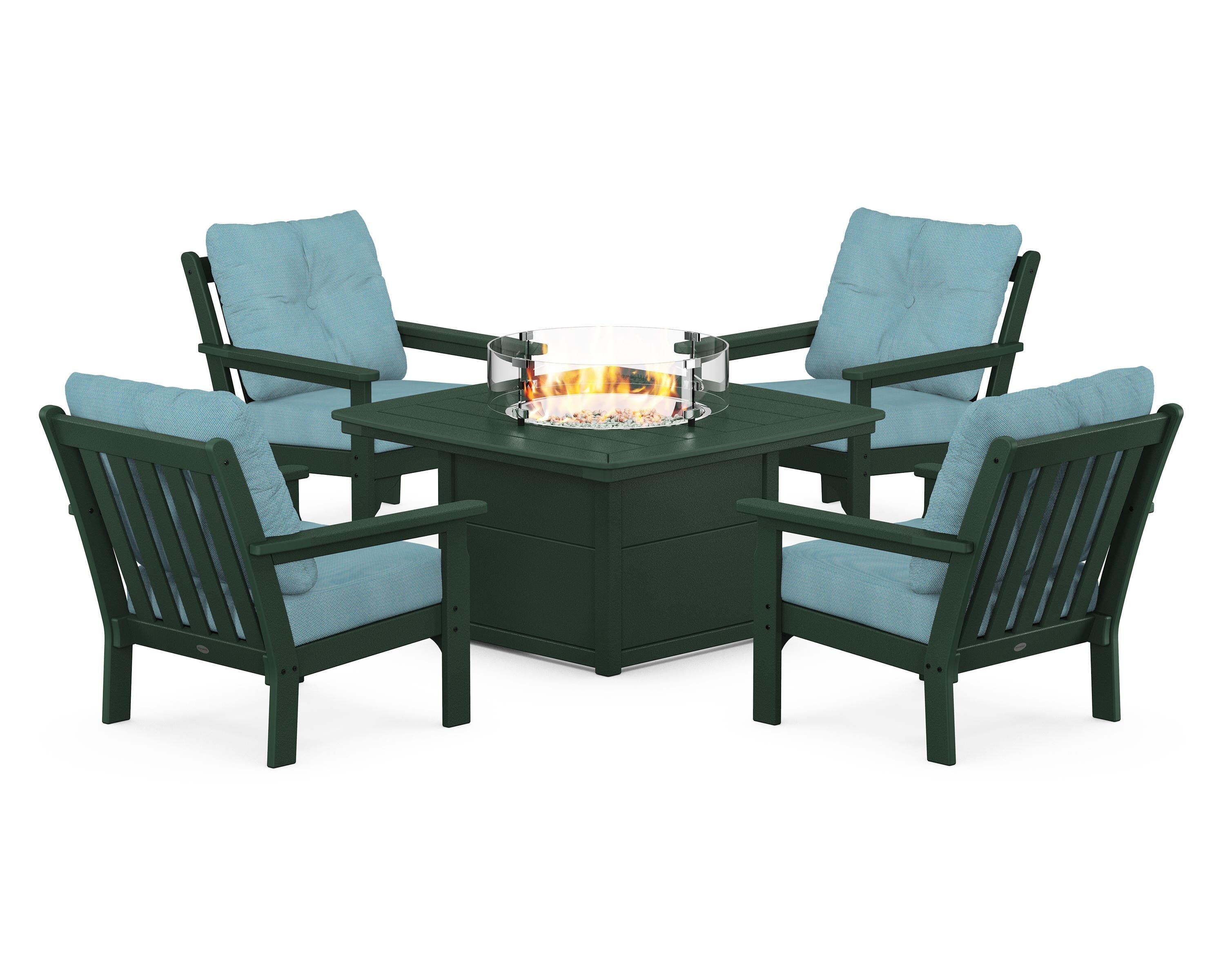POLYWOOD® Vineyard 5-Piece Conversation Set with Fire Pit Table in Green / Lattice Sky Blue
