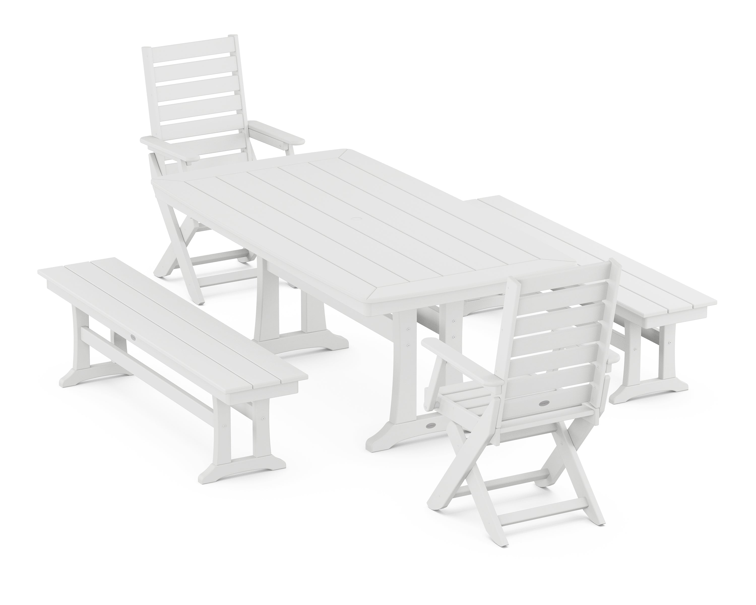 POLYWOOD® Captain Folding Chair 5-Piece Dining Set with Trestle Legs in White