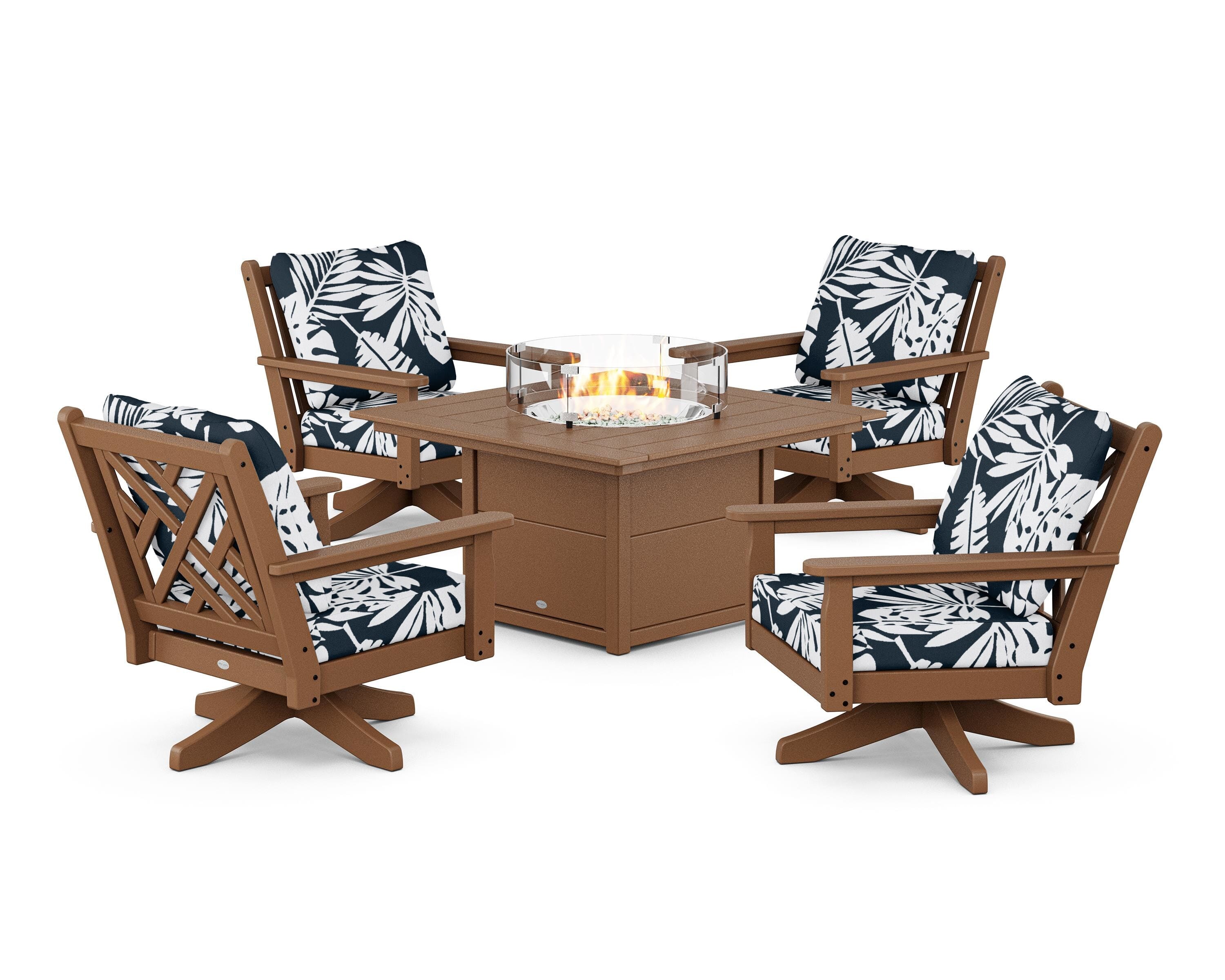 POLYWOOD® Chippendale 5-Piece Deep Seating Swivel Conversation Set with Fire Pit Table in Teak / Leaf Marine Indigo