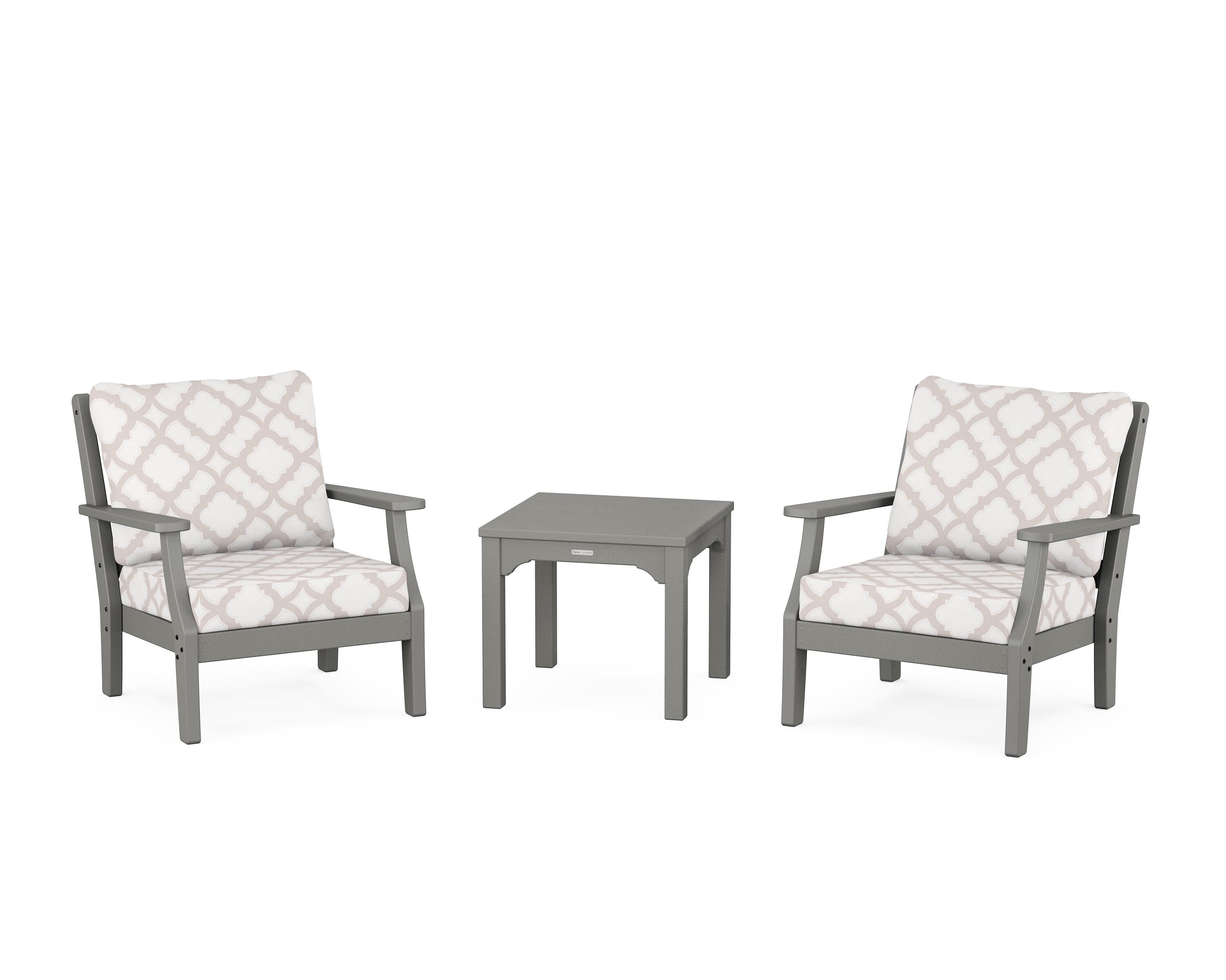 Martha Stewart by POLYWOOD® Chinoiserie 3-Piece Deep Seating Set in Slate Grey / Trellis Dune Burlap