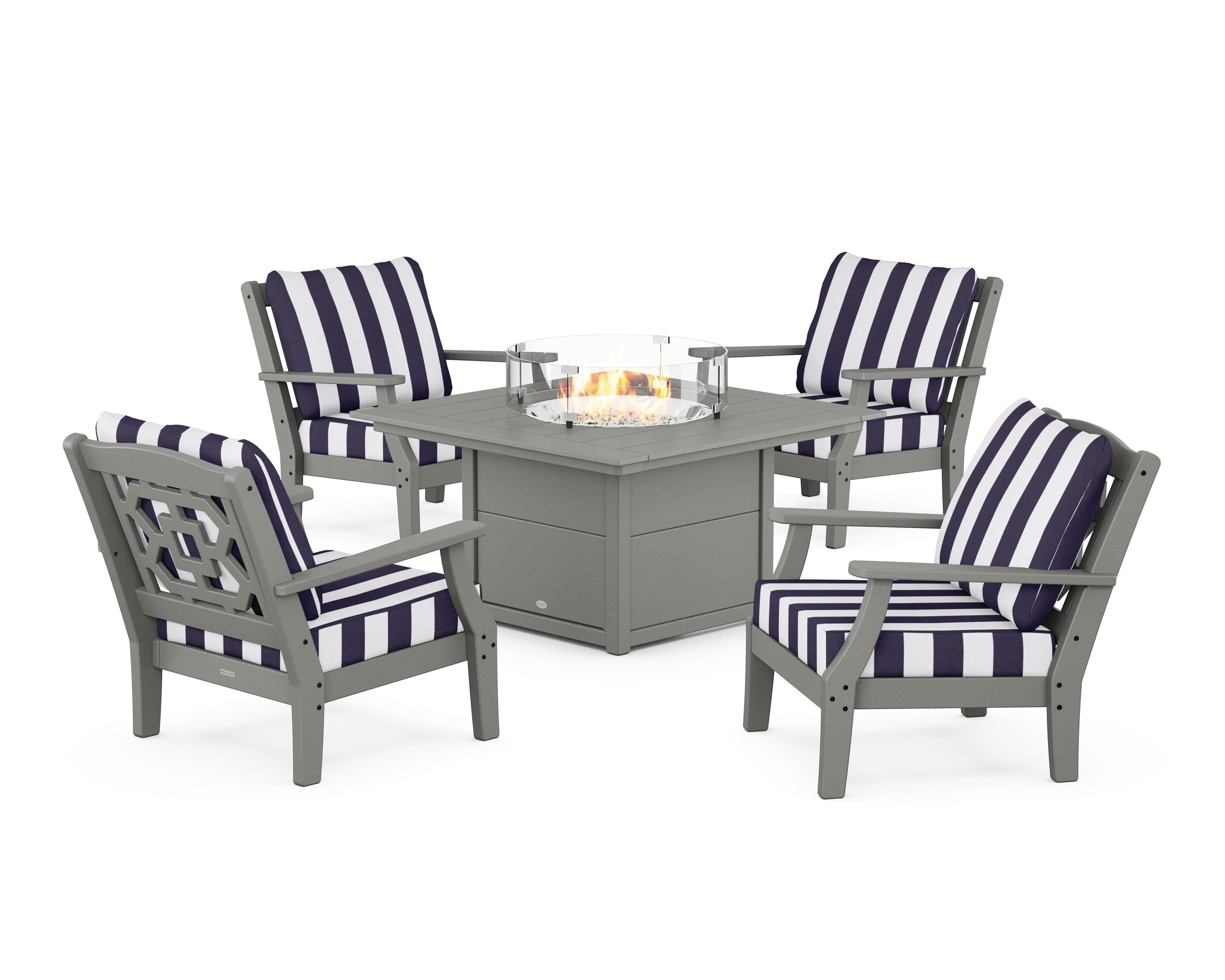 Martha Stewart by POLYWOOD® Chinoiserie 5-Piece Deep Seating Set with Fire Pit Table in Slate Grey / Cabana Stripe Navy