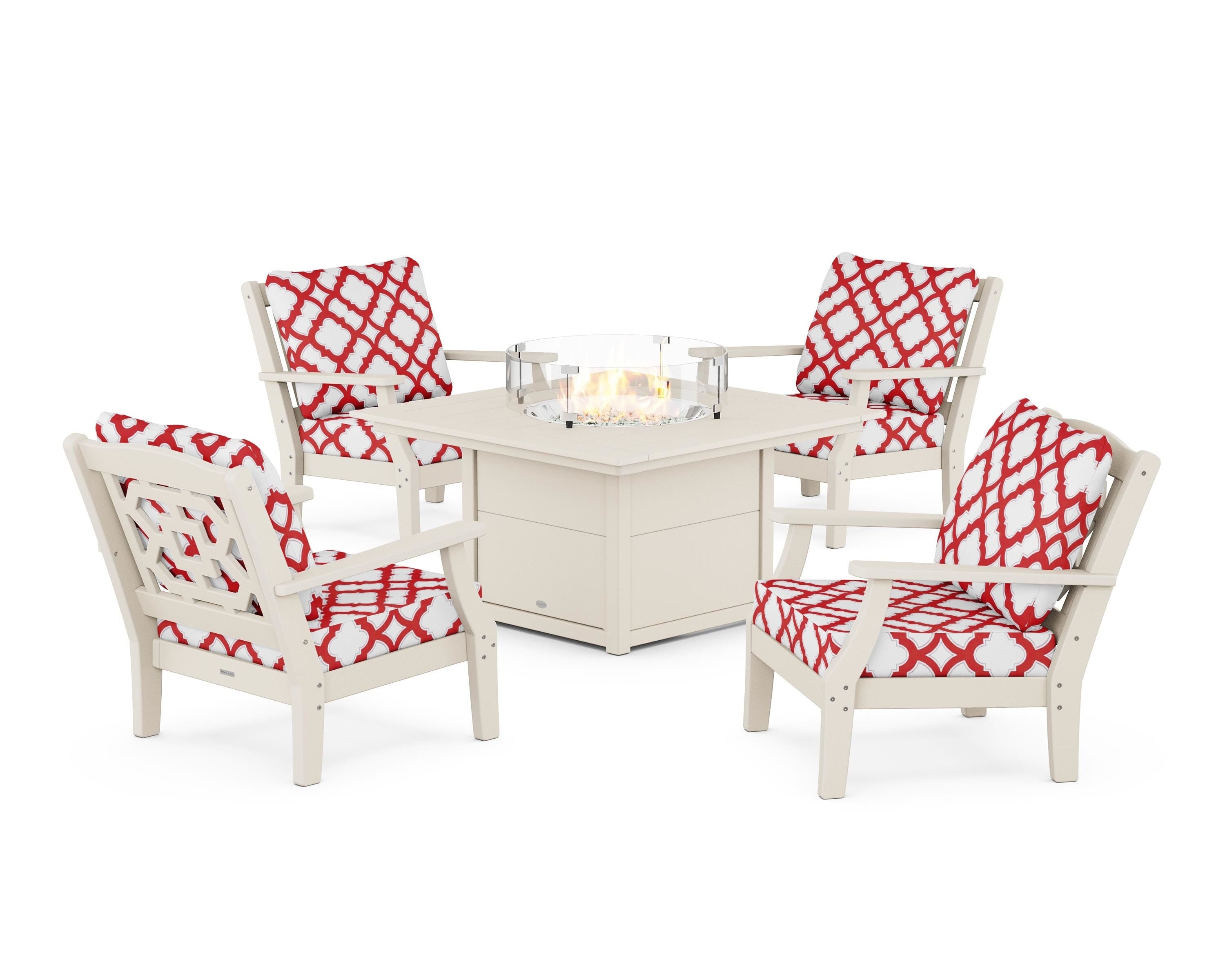 Martha Stewart by POLYWOOD® Chinoiserie 5-Piece Deep Seating Set with Fire Pit Table in Sand / Trellis Crimson
