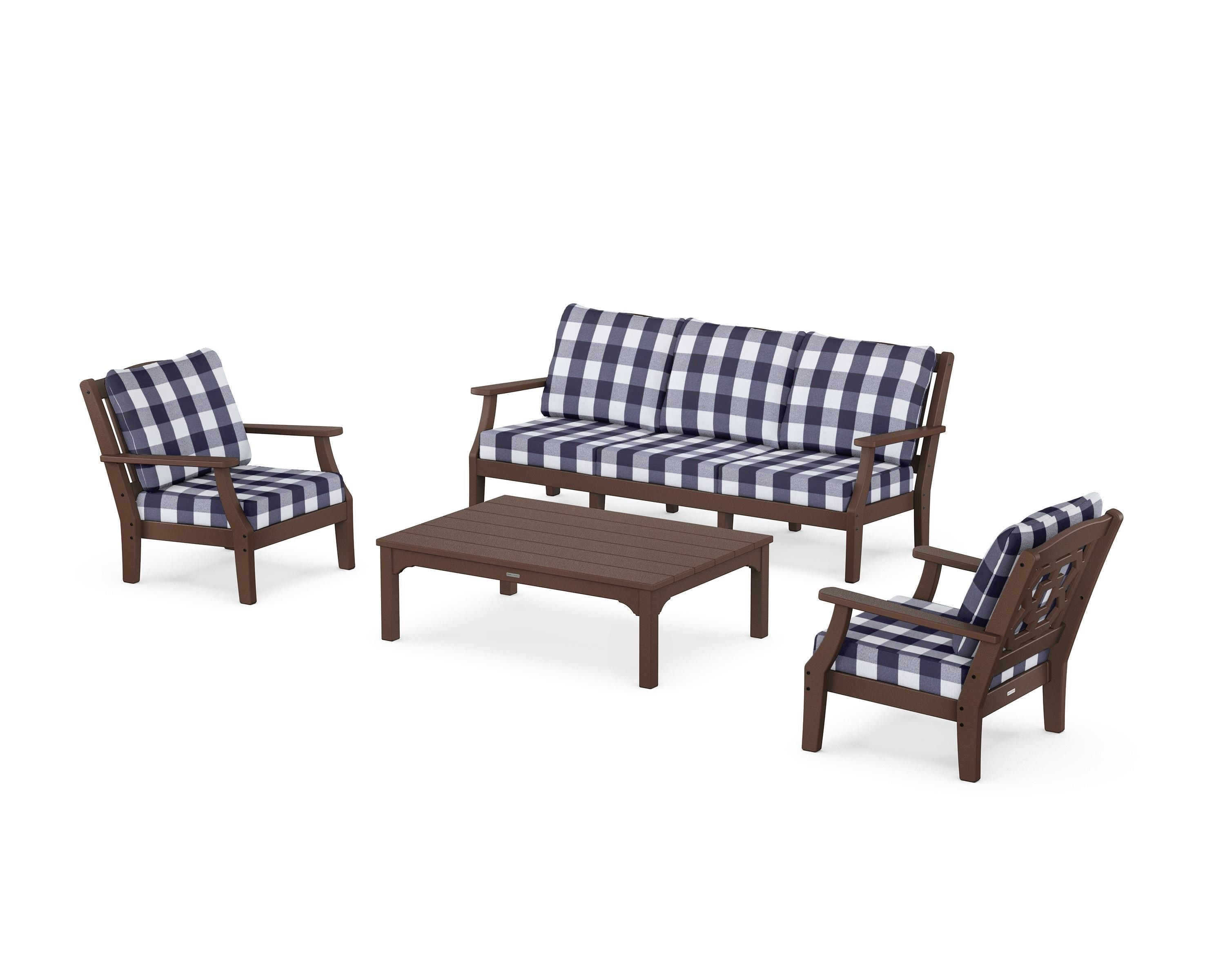 Martha Stewart by POLYWOOD® Chinoiserie 4-Piece Deep Seating Set with Sofa in Mahogany / Buffalo Plaid Navy