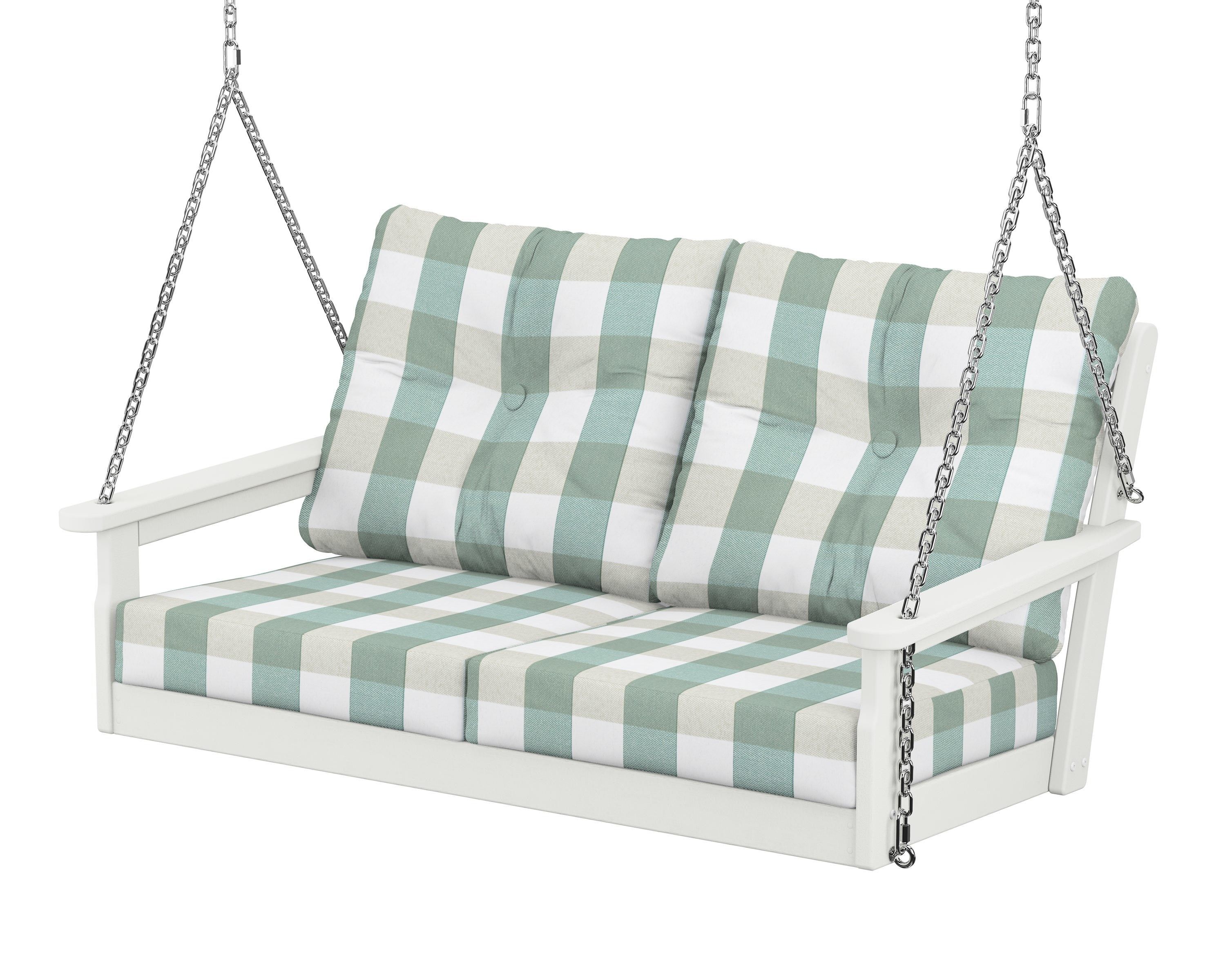 POLYWOOD® Vineyard Deep Seating Swing in Vintage White / Buffalo Plaid Glacier Spa