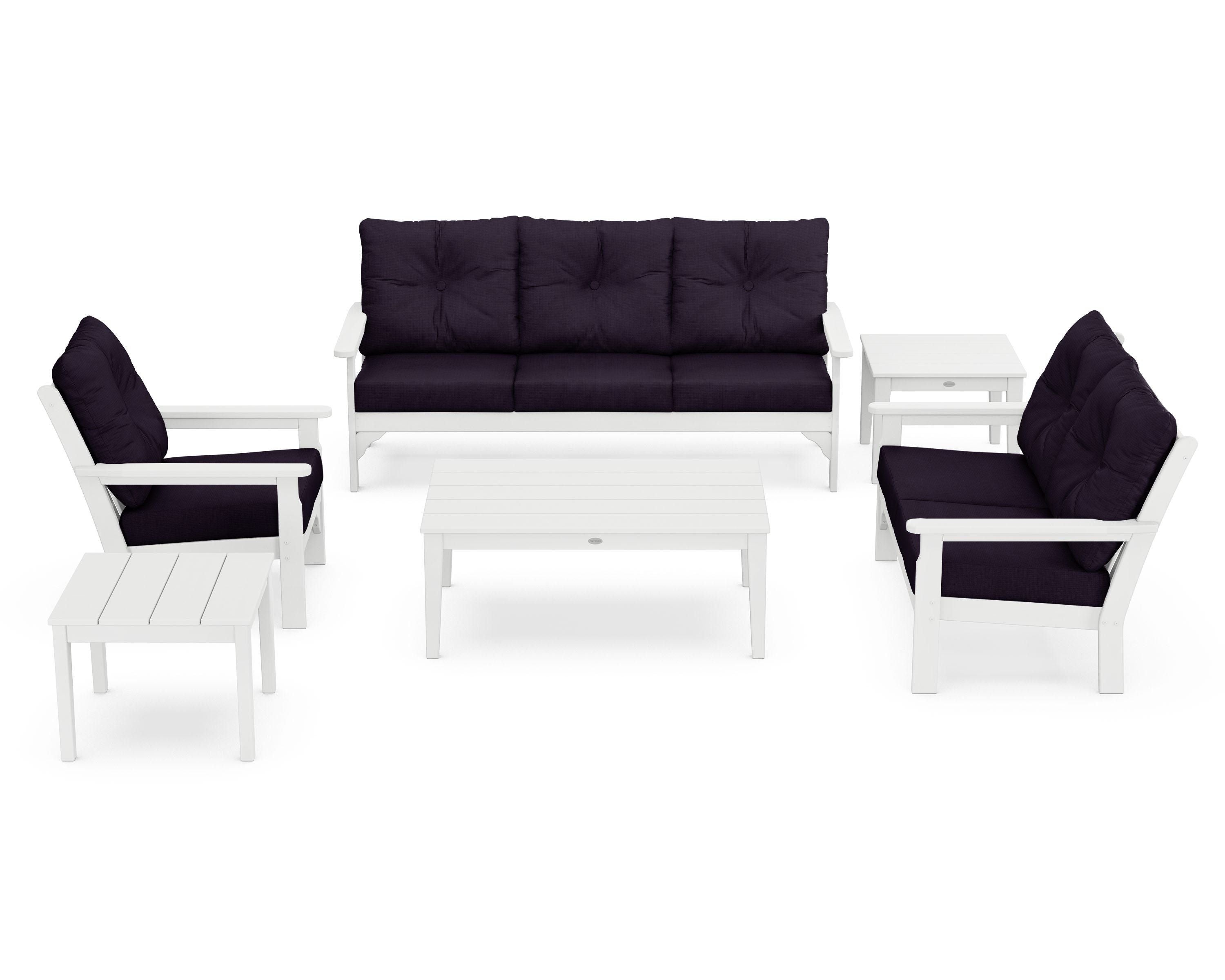 POLYWOOD® Vineyard 6-Piece Deep Seating Set in White / Navy Linen