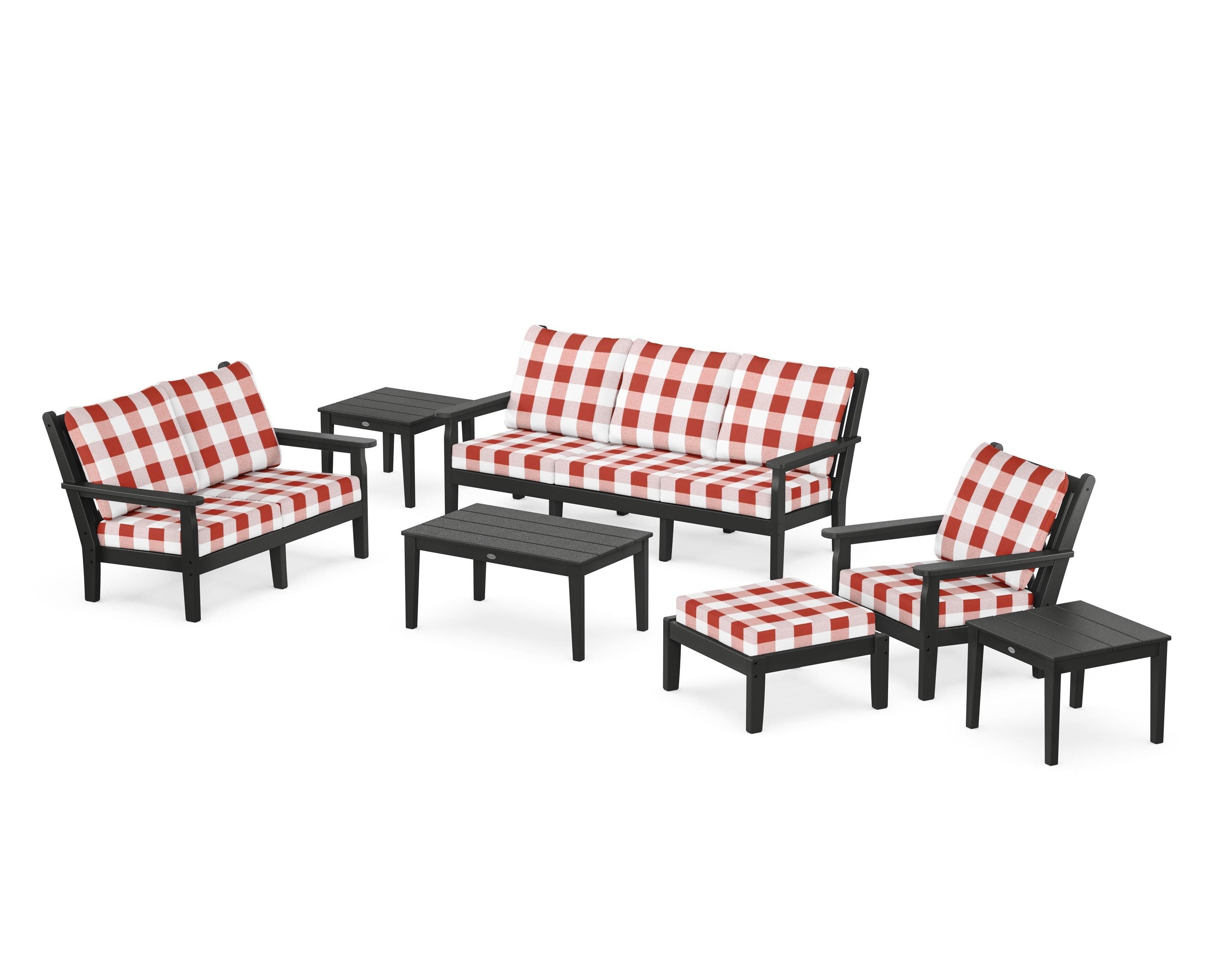 POLYWOOD® Chippendale 7-Piece Deep Seating Set in Black / Buffalo Plaid Crimson