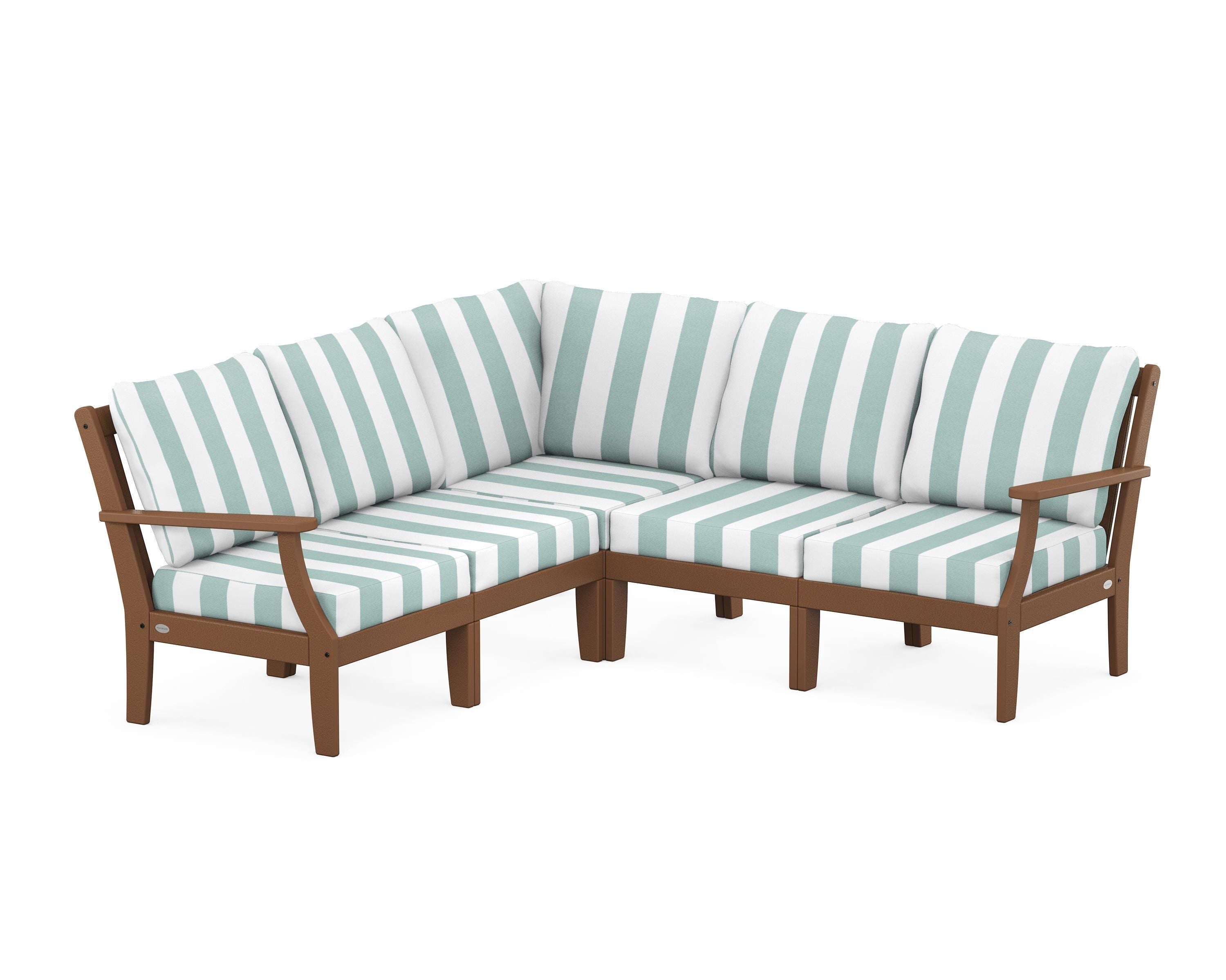 POLYWOOD® Braxton Modular 5-Piece Deep Seating Set in Teak / Cabana Stripe Glacier Spa