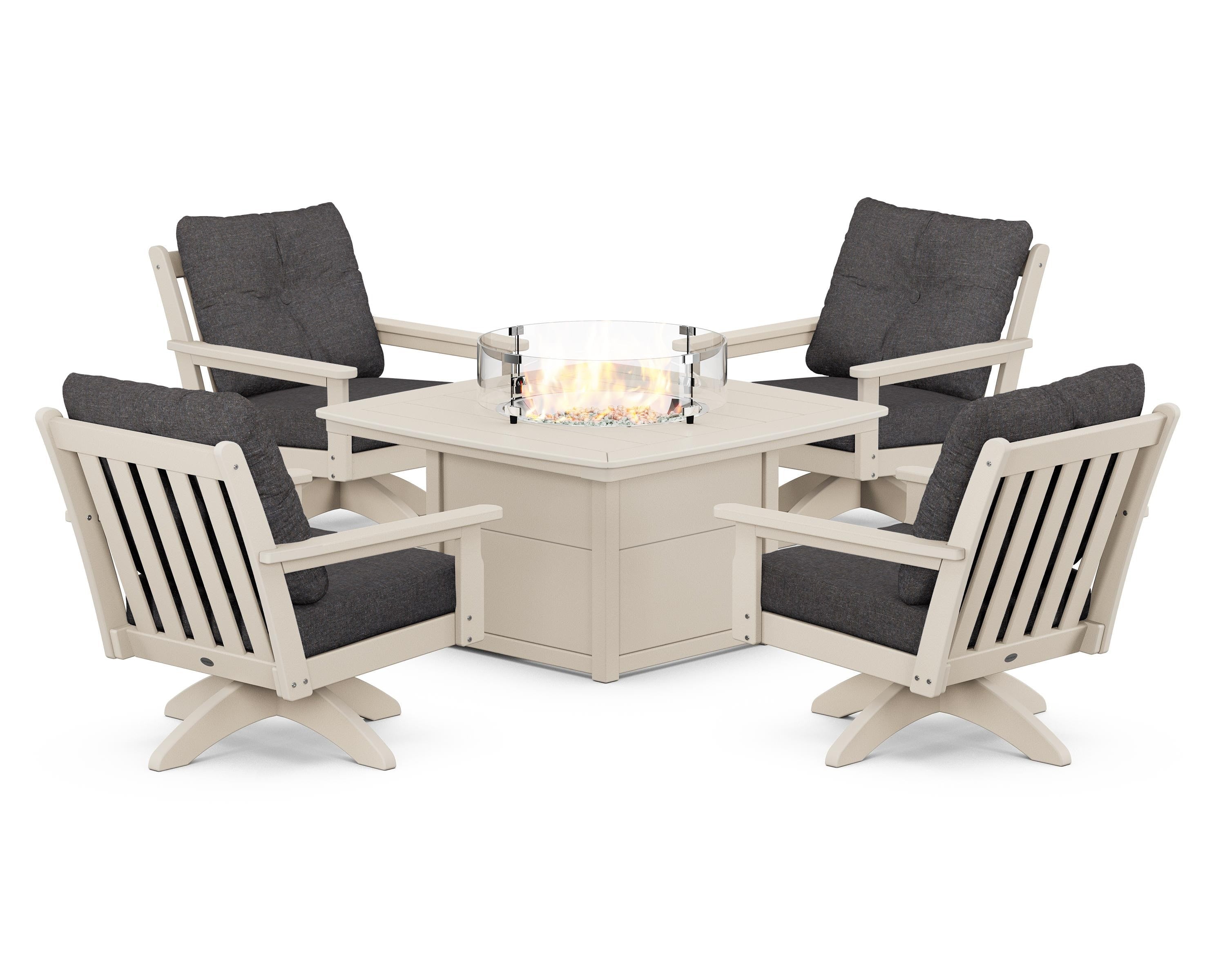 POLYWOOD® Vineyard 5-Piece Deep Seating Swivel Conversation Set with Fire Pit Table in Sand / Ash Charcoal