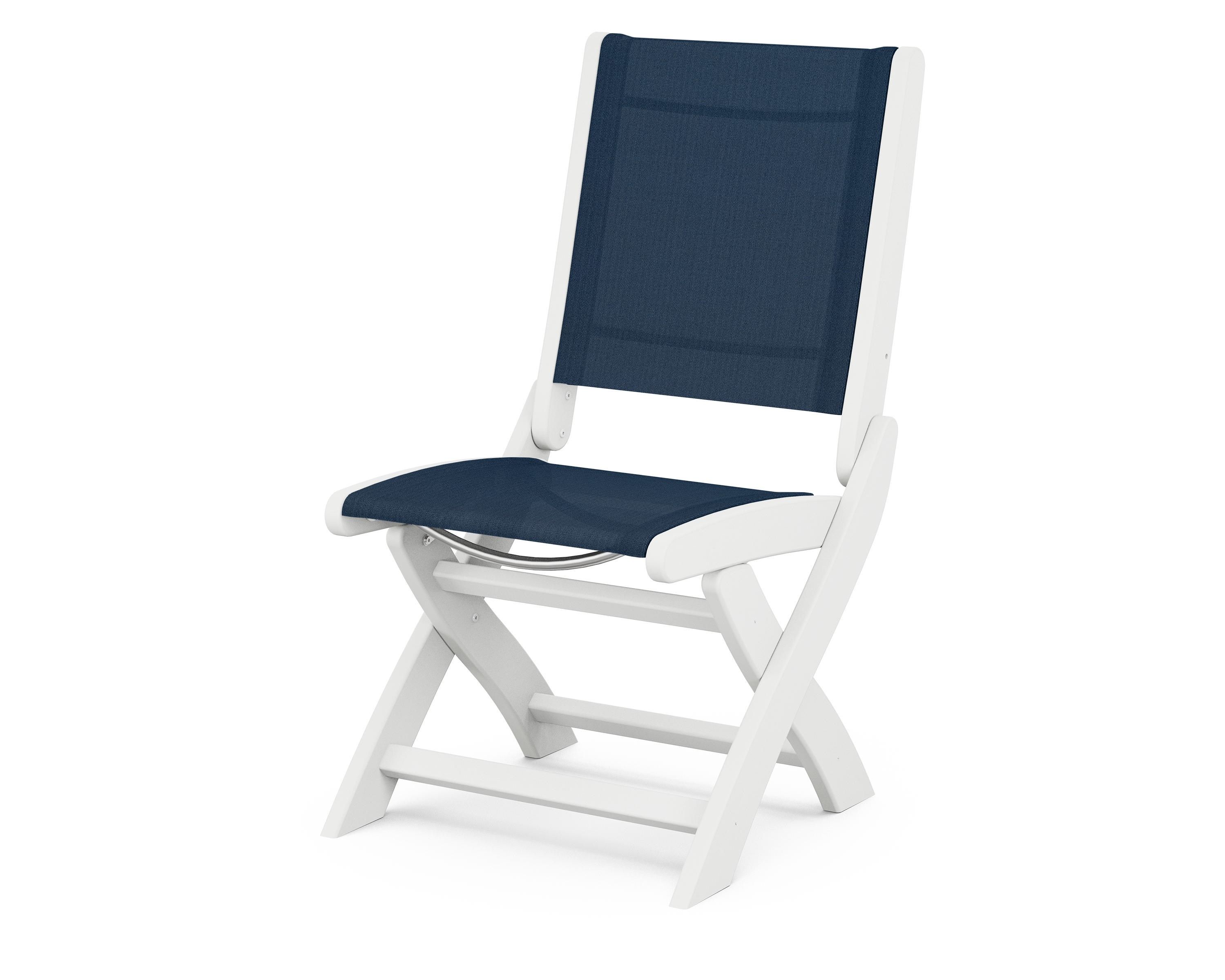 POLYWOOD® Coastal Folding Side Chair in White / Navy Blue Sling