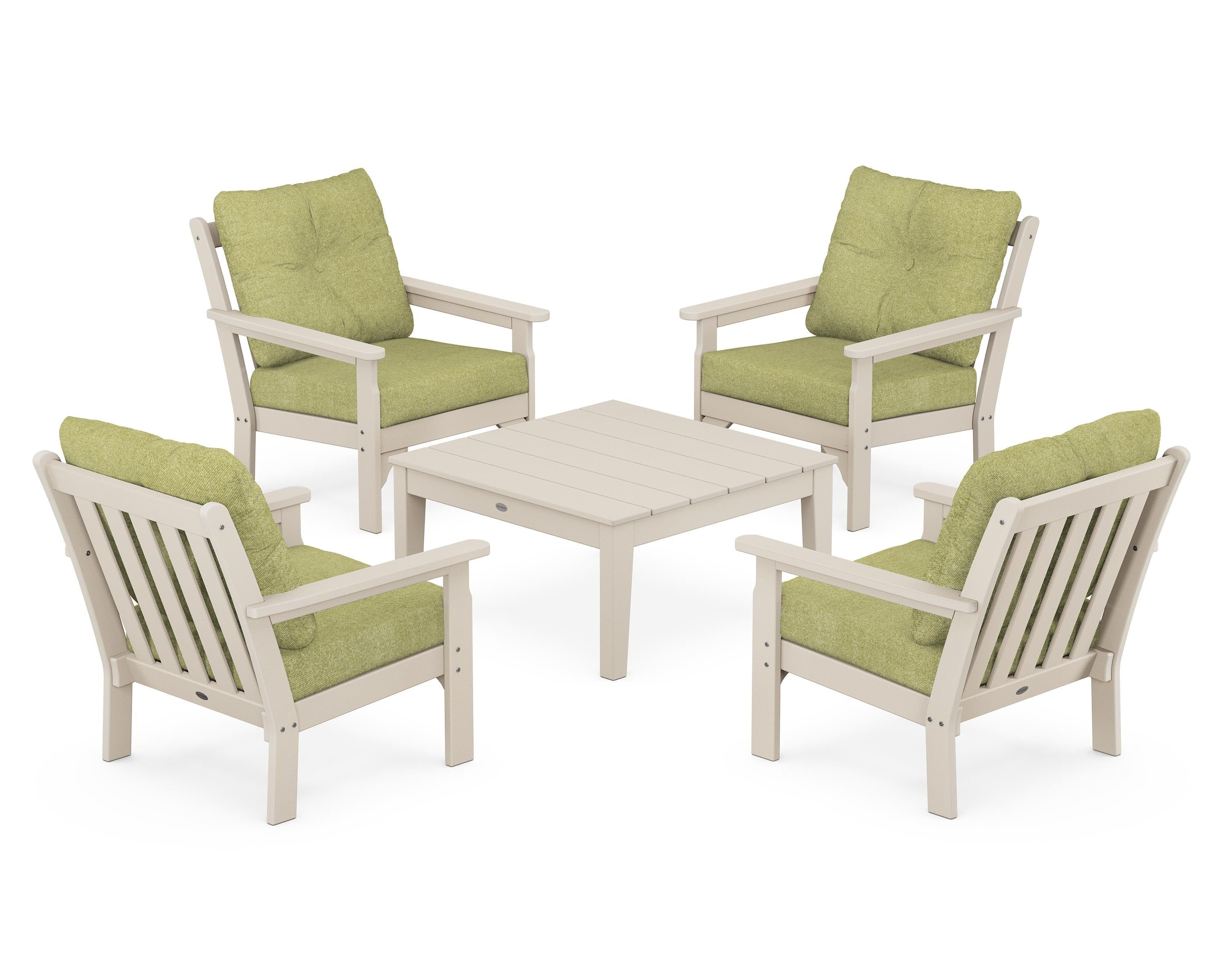 POLYWOOD® Vineyard 5-Piece Deep Seating Conversation Set in Sand / Chartreuse Boucle