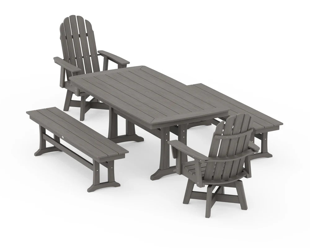 Vineyard Adirondack Swivel Chair 5-Piece Dining Set with Trestle Legs and Benches
