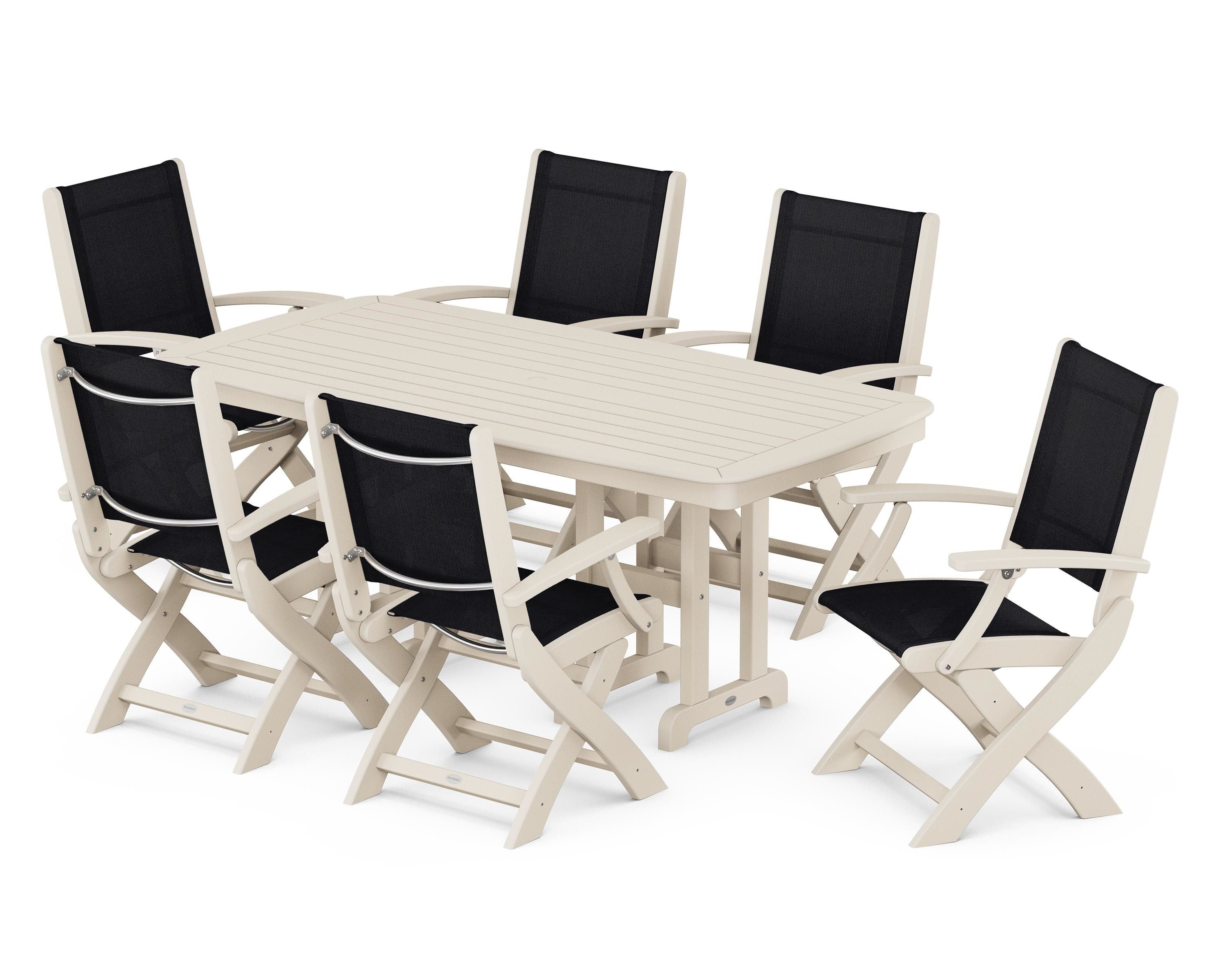 POLYWOOD® Coastal Folding Arm Chair 7-Piece Dining Set in Sand / Black Sling