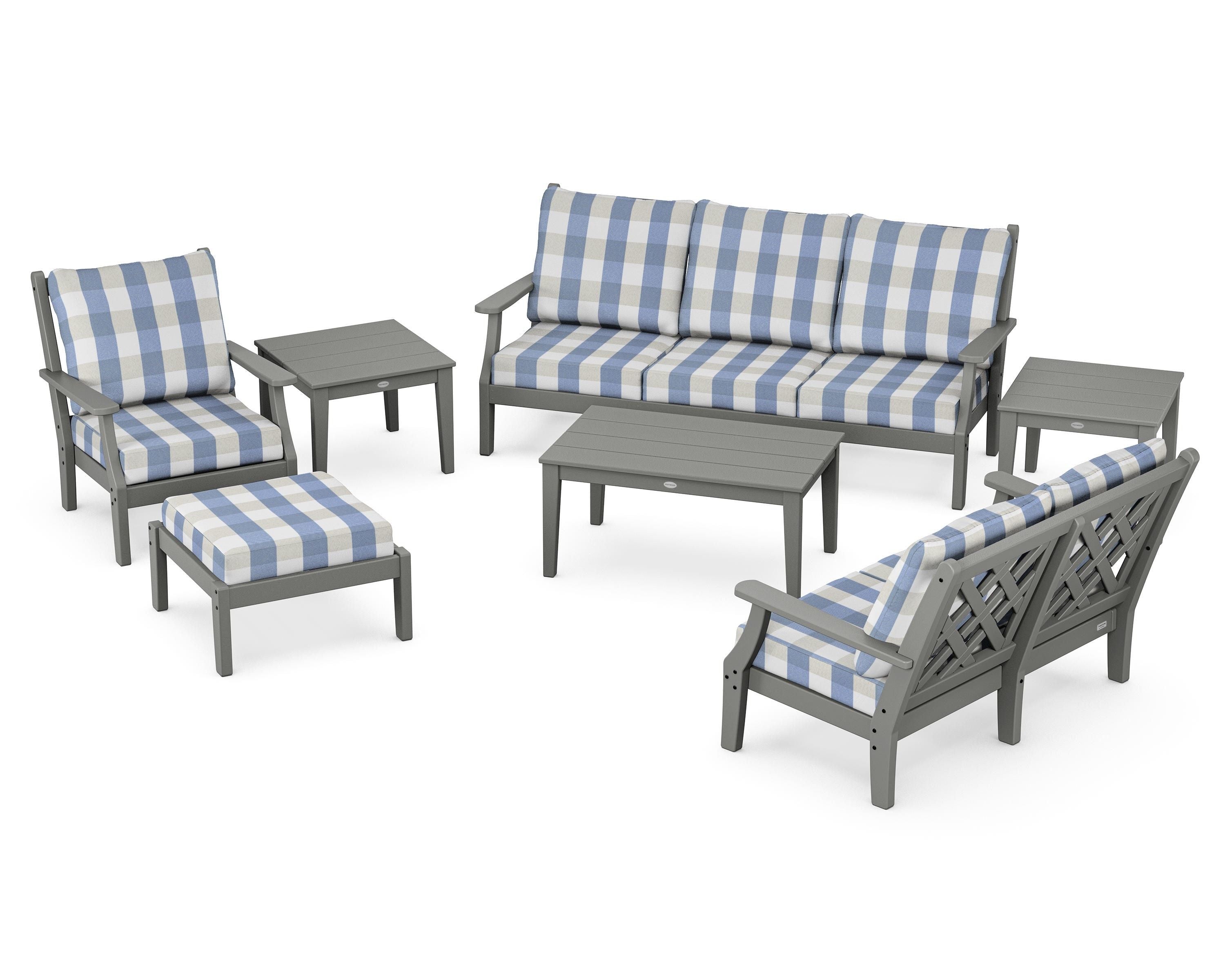 Country Living Wovendale 7-Piece Deep Seating Set in Slate Grey / Buffalo Plaid Sky Blue