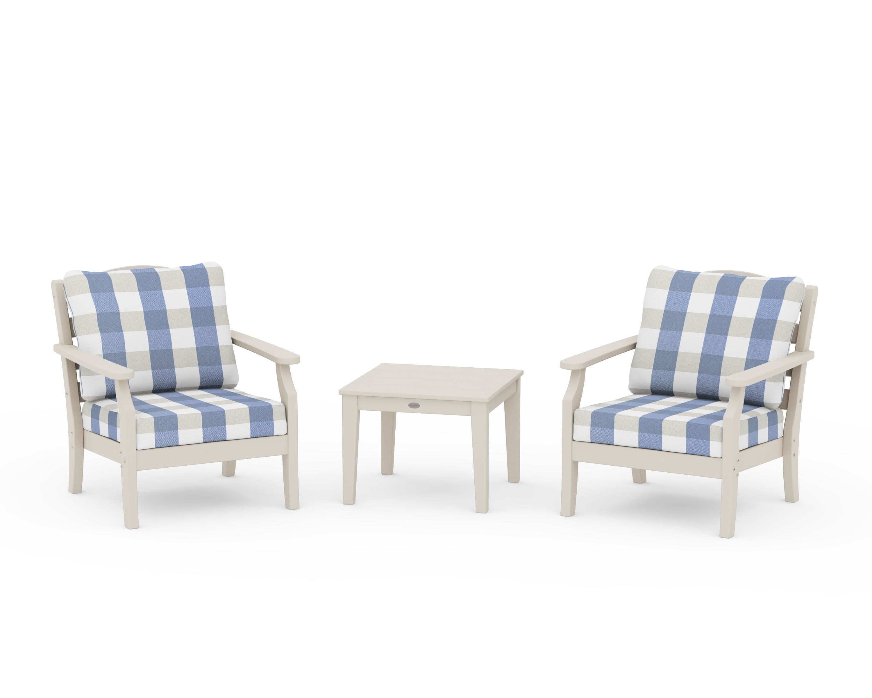 Draper James™ by POLYWOOD® Savannah 3-Piece Deep Seating Set in Sand / Buffalo Plaid Sky Blue