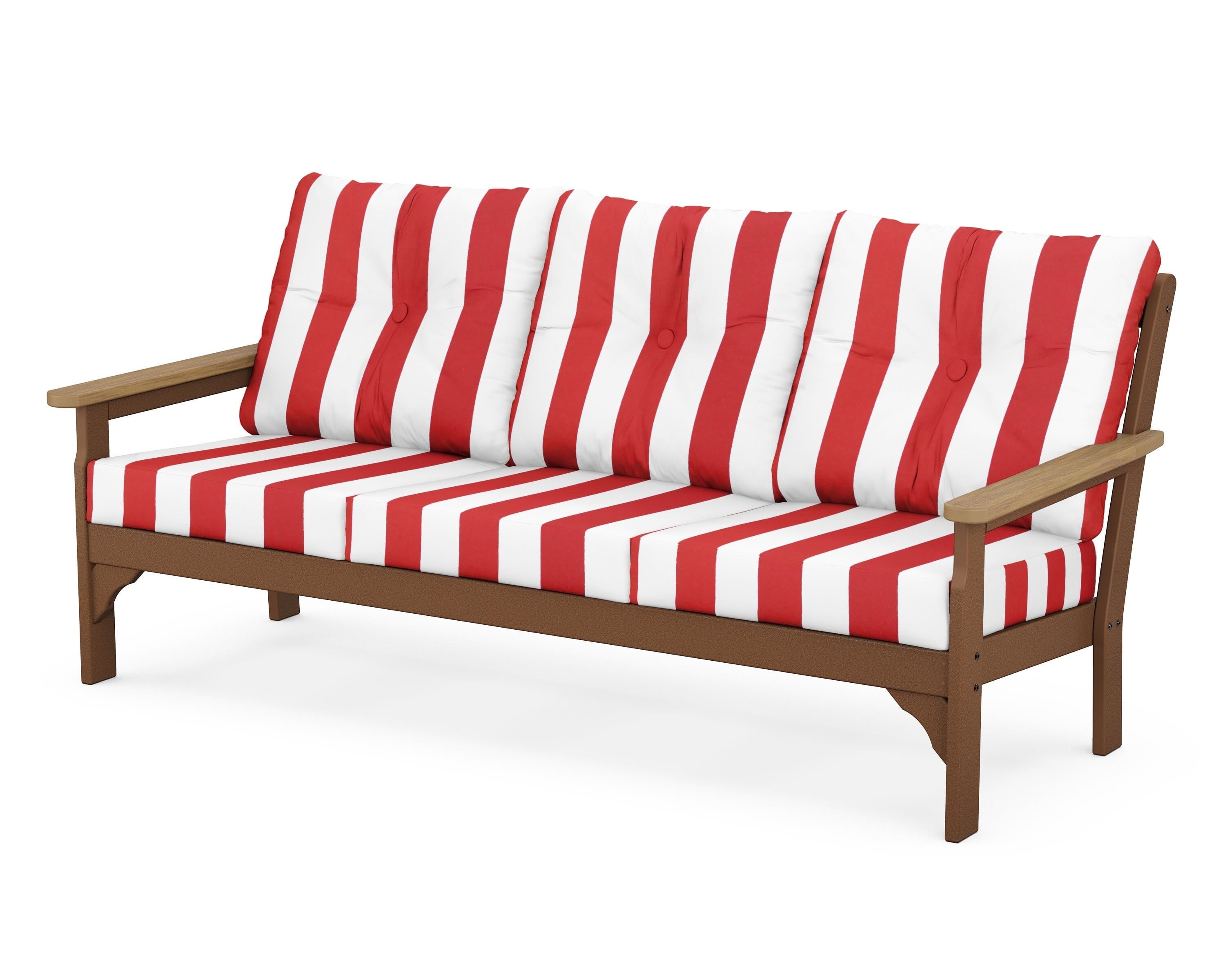POLYWOOD® Vineyard Deep Seating Sofa in Teak / Natural / Cabana Stripe Crimson