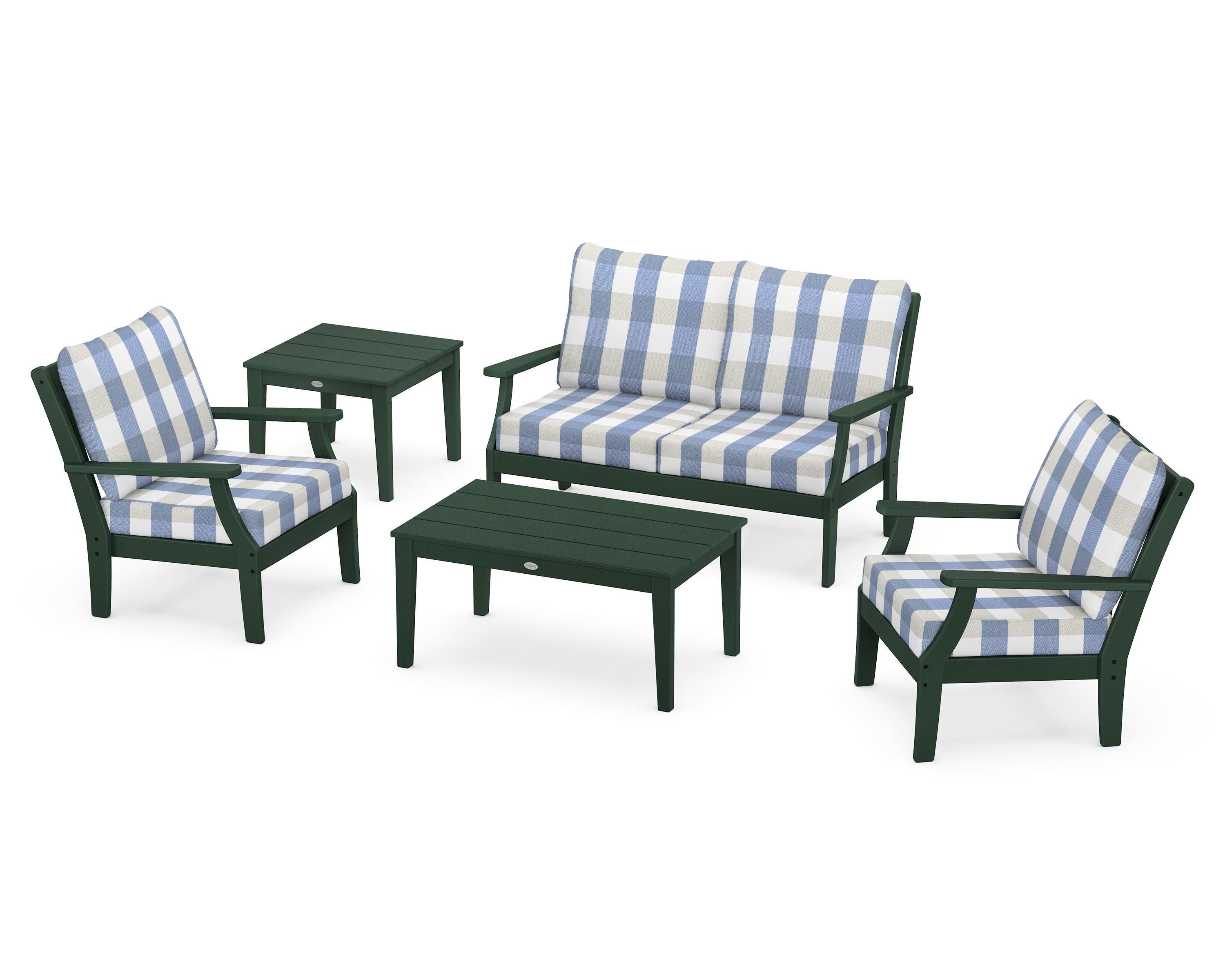 POLYWOOD® Braxton 5-Piece Deep Seating Set in Green / Buffalo Plaid Sky Blue