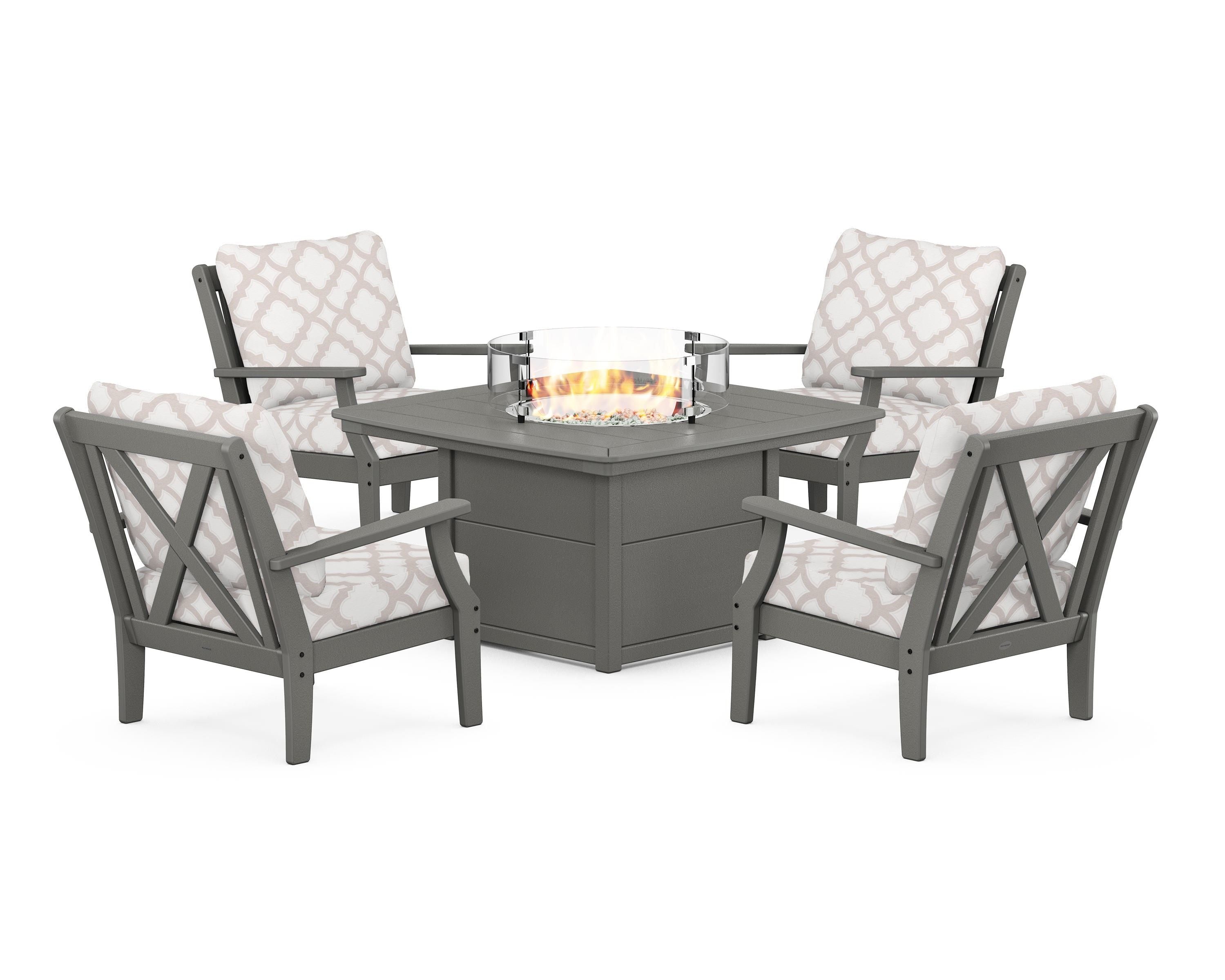 POLYWOOD® Braxton 5-Piece Deep Seating Conversation Set with Fire Pit Table in Slate Grey / Trellis Dune Burlap