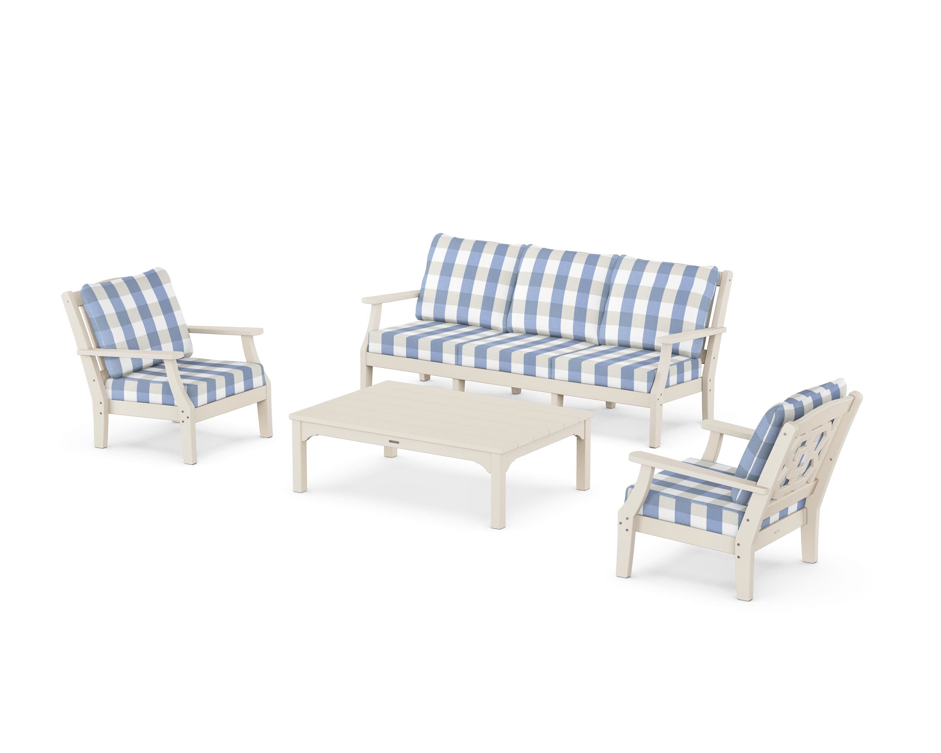 Martha Stewart by POLYWOOD® Chinoiserie 4-Piece Deep Seating Set with Sofa in Sand / Buffalo Plaid Sky Blue