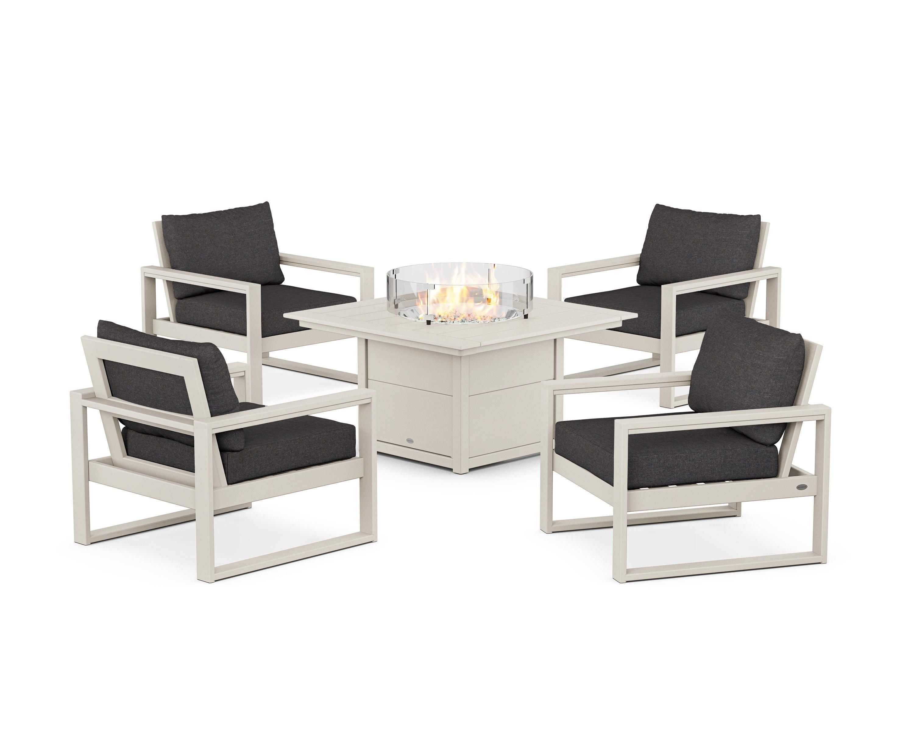 POLYWOOD® EDGE Sectional 5-Piece Deep Seating Set with Fire Pit Table in Sand / Ash Charcoal
