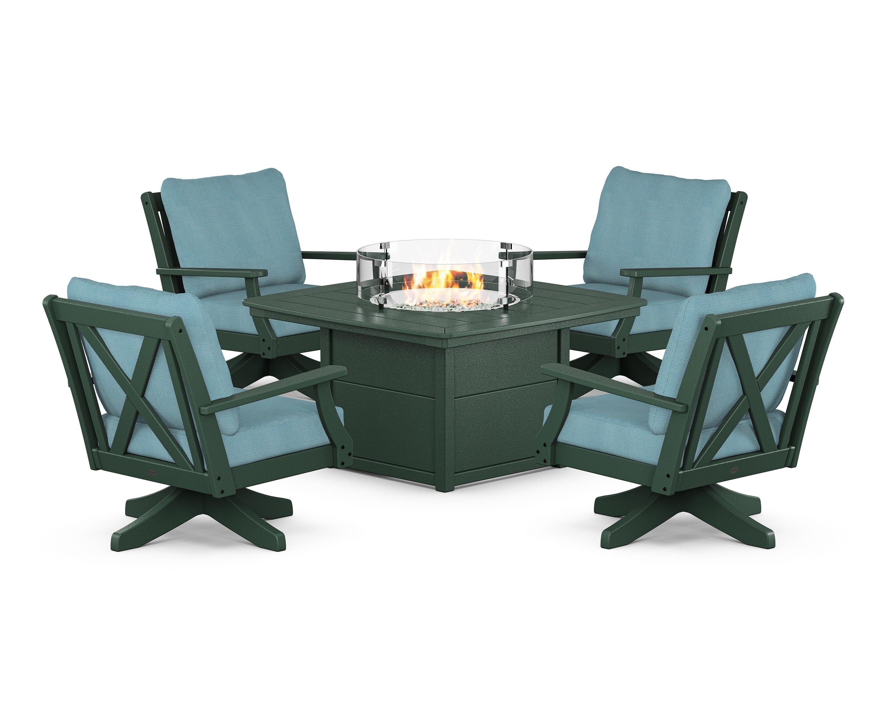 POLYWOOD® Braxton 5-Piece Deep Seating Swivel Conversation Set with Fire Pit Table in Green / Lattice Sky Blue