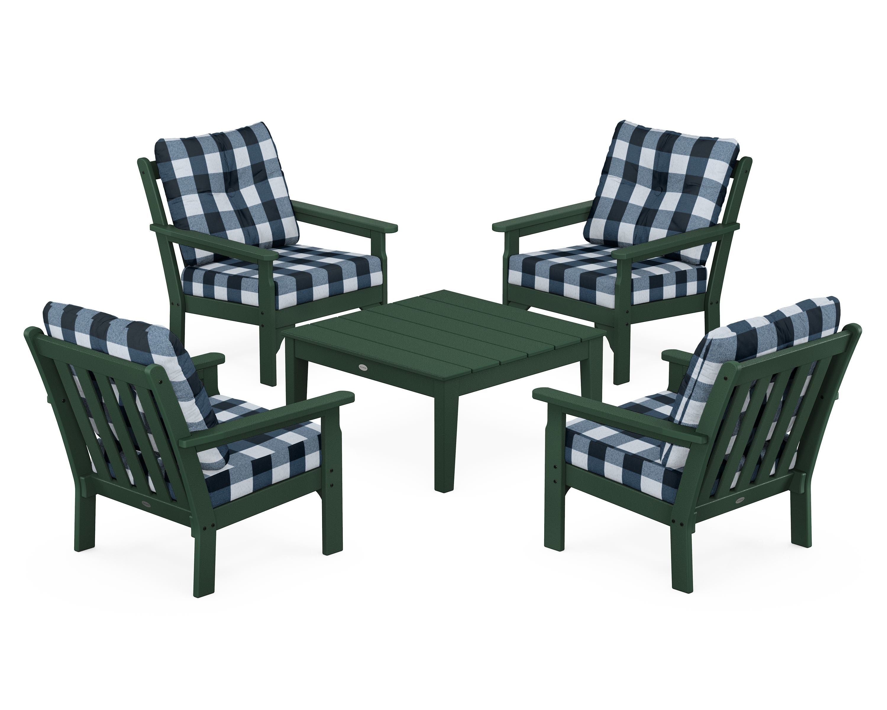 POLYWOOD® Vineyard 5-Piece Deep Seating Conversation Set in Green / Buffalo Plaid Marine Indigo