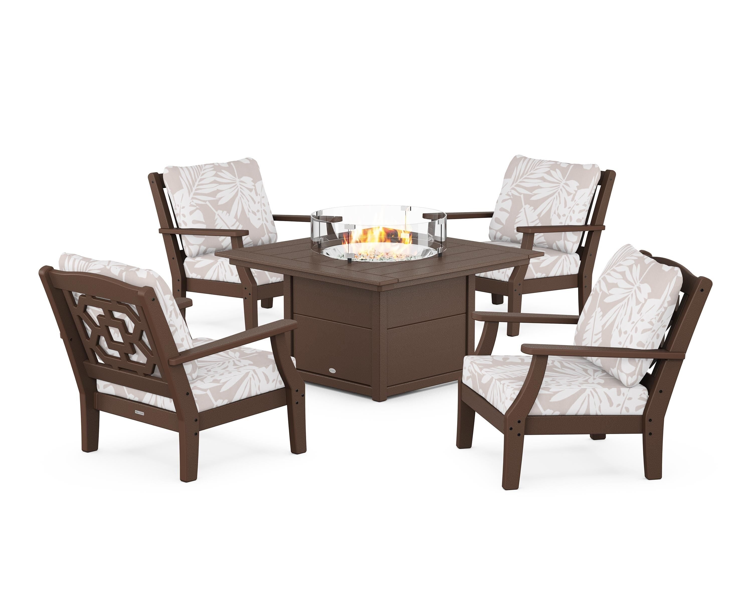 Martha Stewart by POLYWOOD® Chinoiserie 5-Piece Deep Seating Set with Fire Pit Table in Mahogany / Leaf Dune Burlap