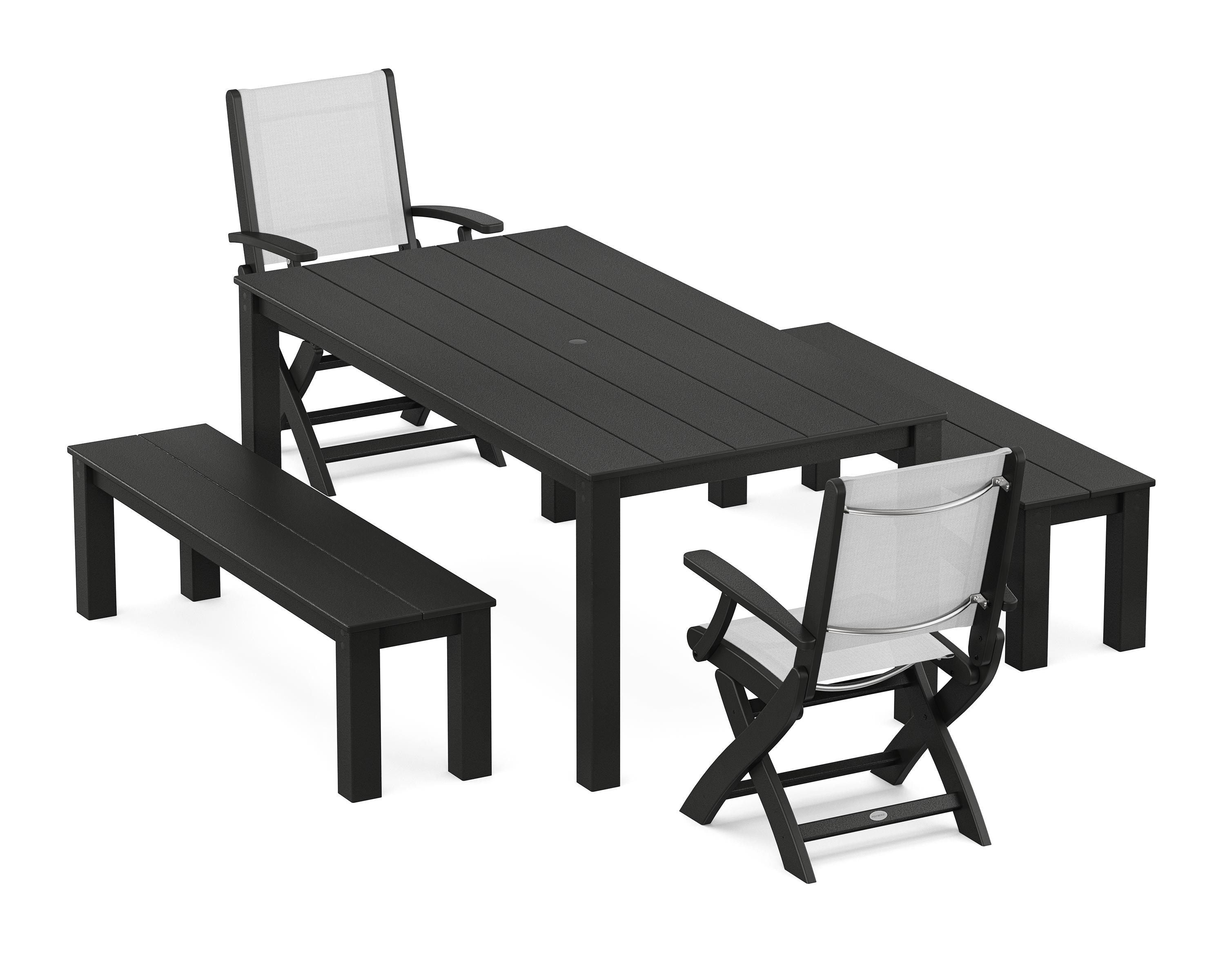 POLYWOOD® Coastal Folding Chair 5-Piece Parsons Dining Set with Benches in Black / White Sling