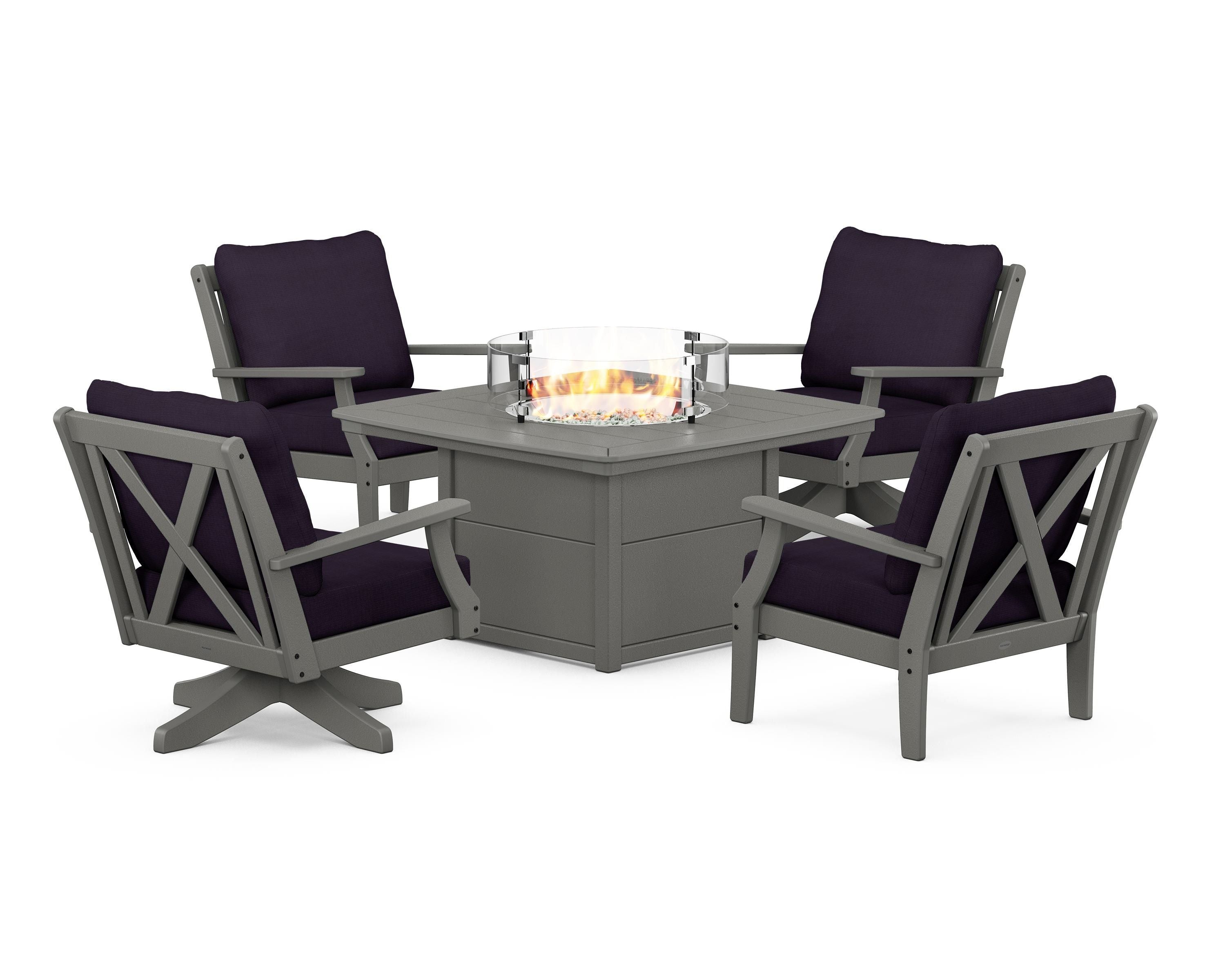 POLYWOOD® Braxton 5-Piece Deep Seating Set with Fire Table in Slate Grey / Navy Linen