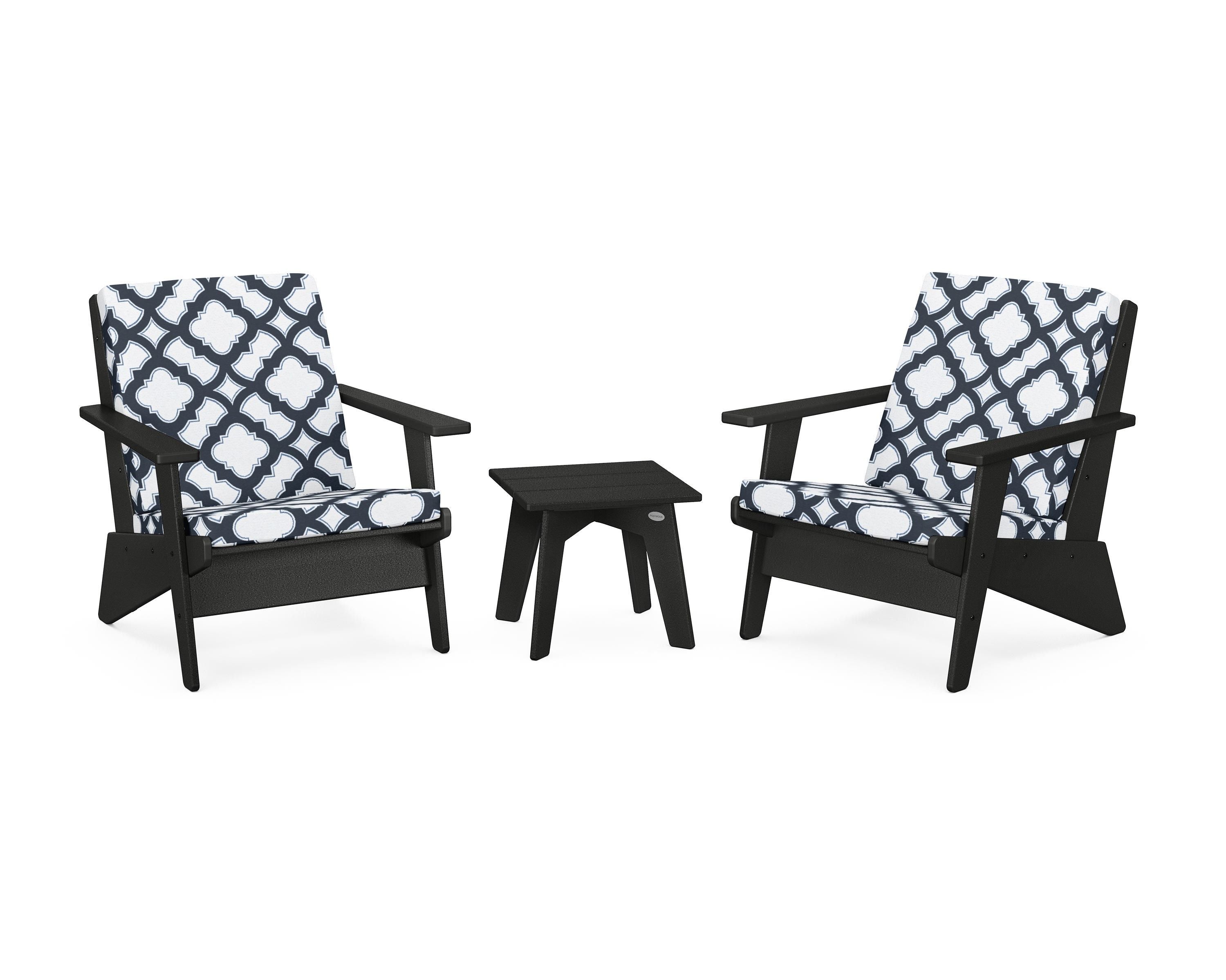 POLYWOOD® Riviera Modern Lounge 3-Piece Set in Black / Trellis Marine Indigo