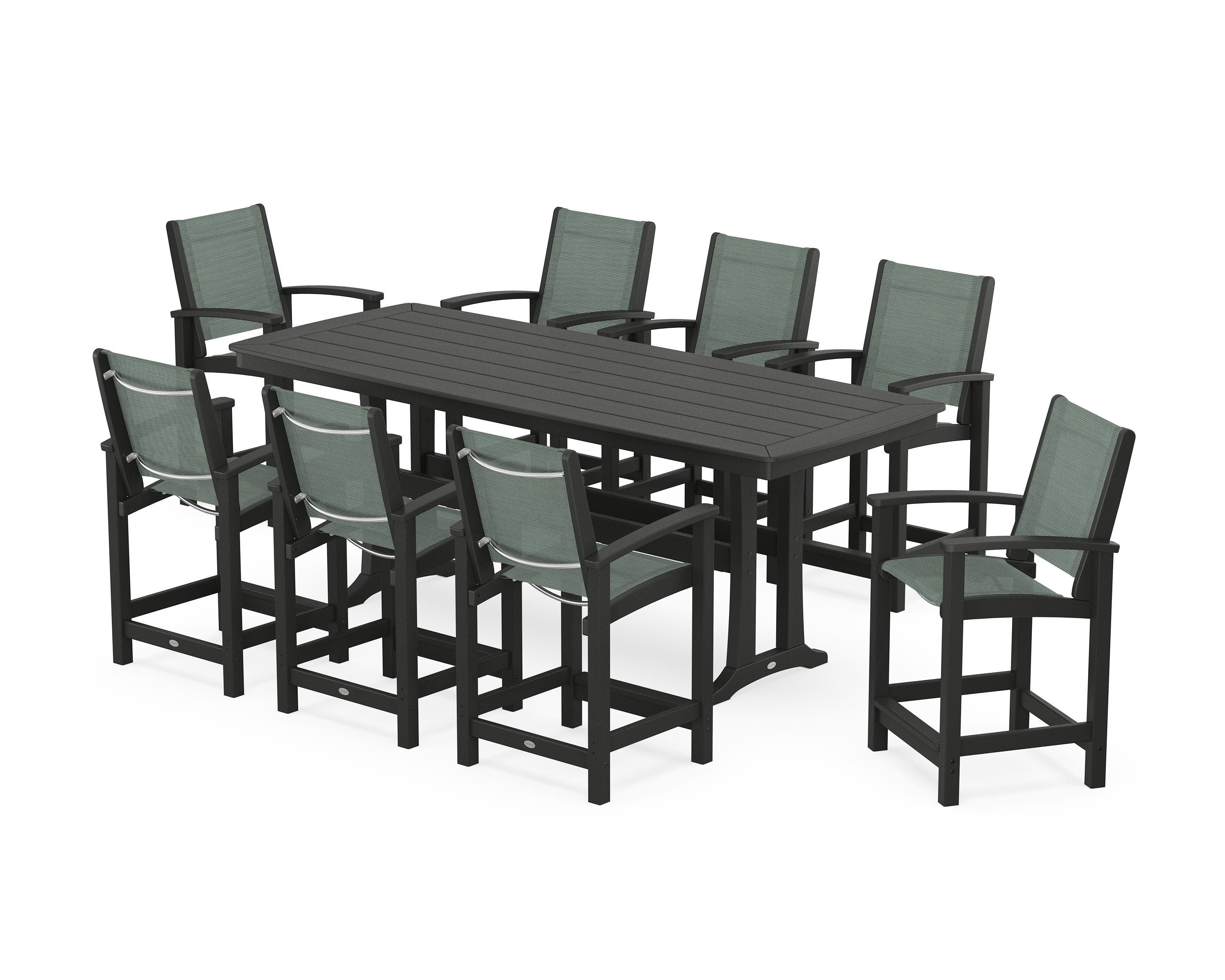 POLYWOOD® Coastal 9-Piece Counter Set with Trestle Legs in Black / Dupioni Sea Mist Sling