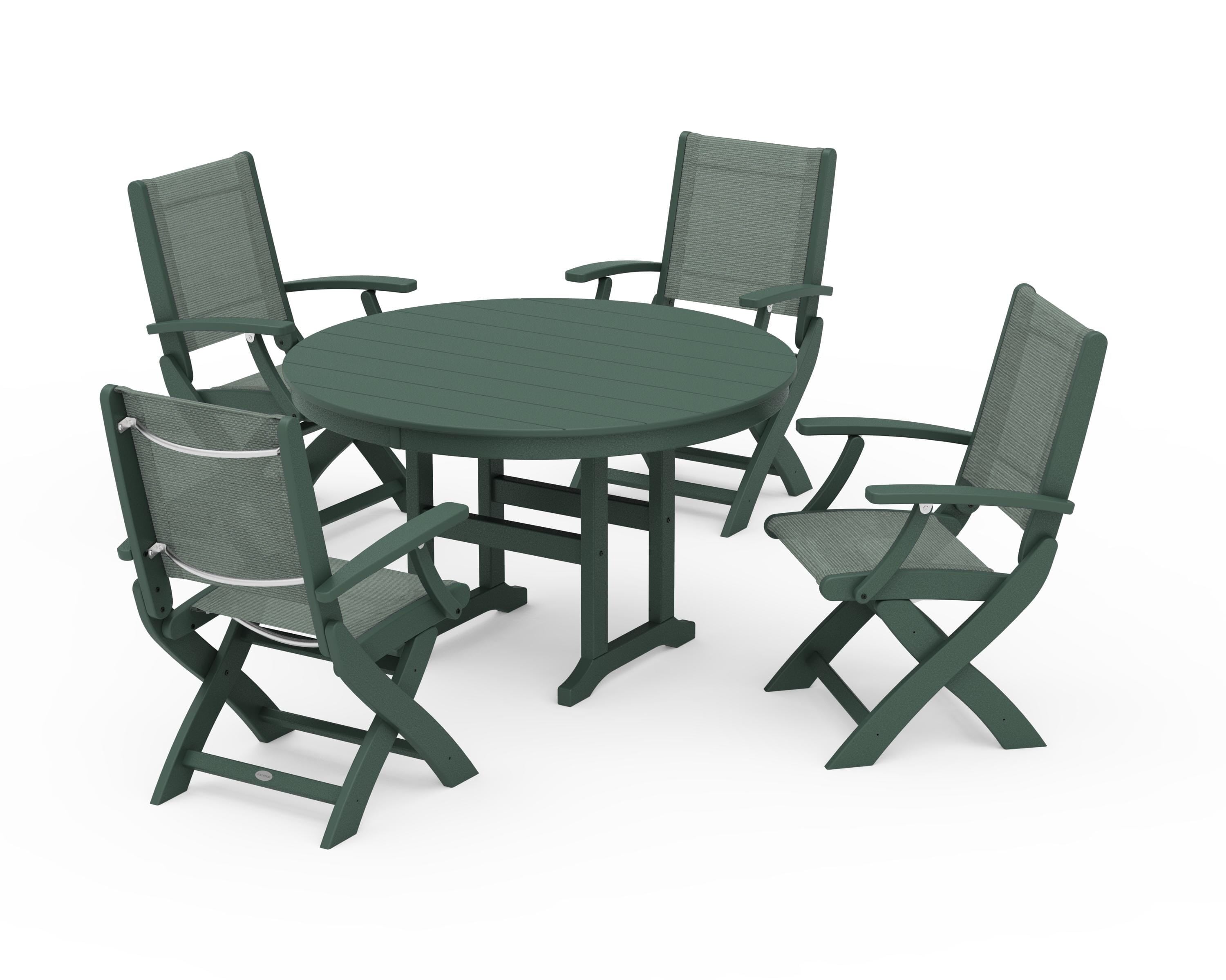 POLYWOOD® Coastal Folding Chair 5-Piece Round Dining Set in Green / Dupioni Sea Mist Sling